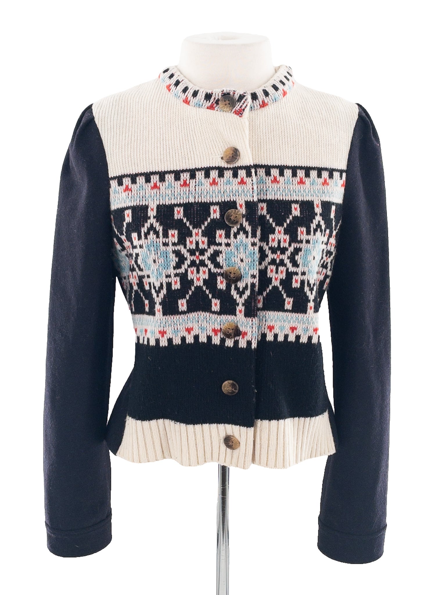 Elevenses Black Cream Fair Isle Wool Blend Size 8 Cardigan