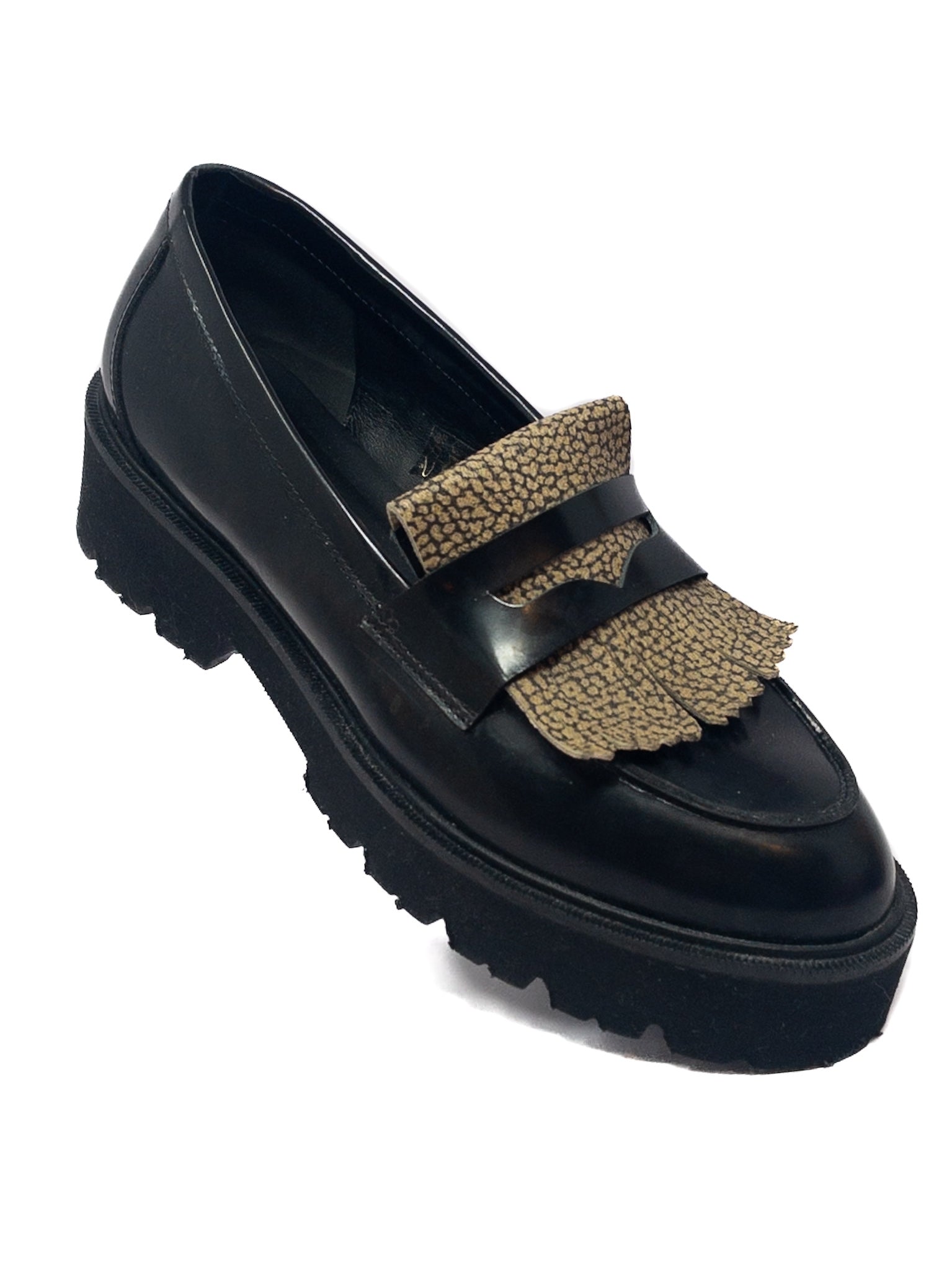 Borbonese Black Tan Animal Print Leather 8.5 Loafers