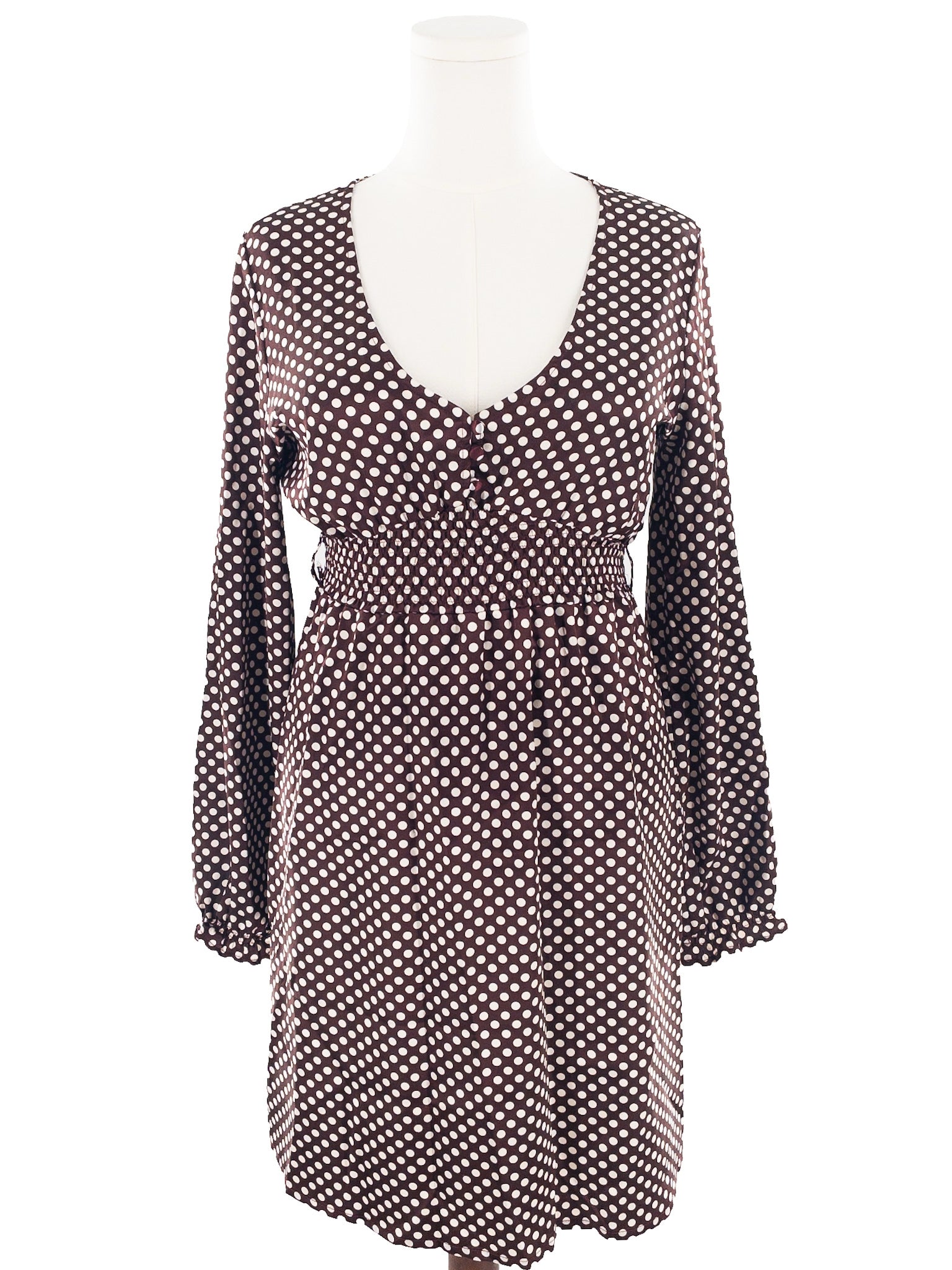 BCBG Brown Cream Polka Dot Polyester Blend Long Sleeve Size M Dress