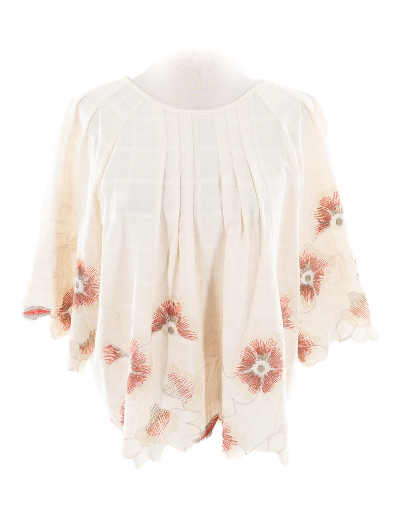 See and Be Seen Ivory Orange Embroidered Cotton Scoop Neck Size S Blouse