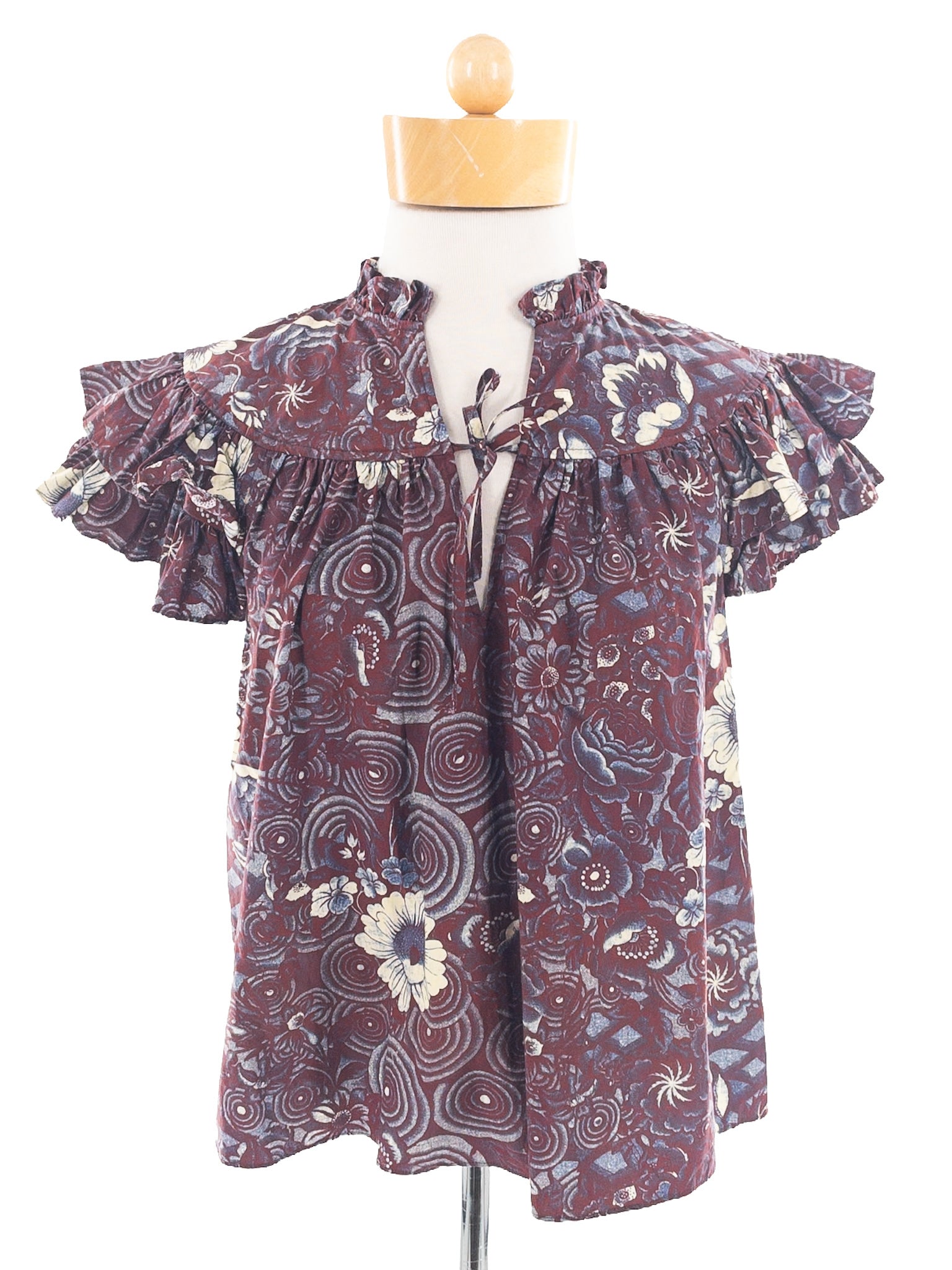 Ulla Johnson Maroon Blue Floral Cotton Ruffle Sleeve Size 4 Blouse