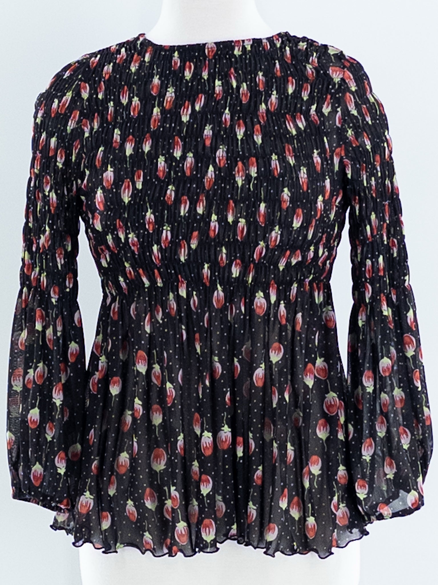 Anna Sui Black Red Floral Polyester Long Sleeve Size M Blouse