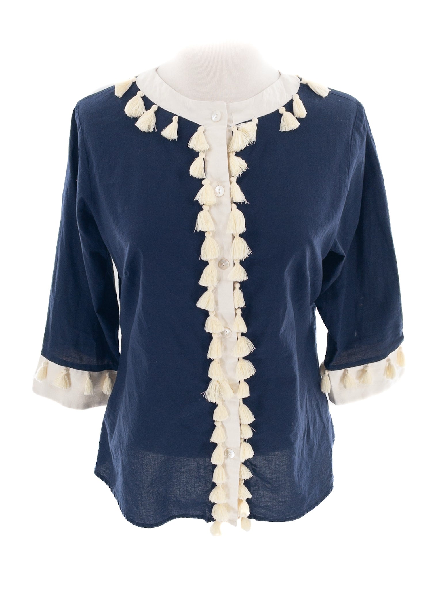 Gretchen Scott Gray Black Piping Cotton 3/4 Sleeve Size M Blouse