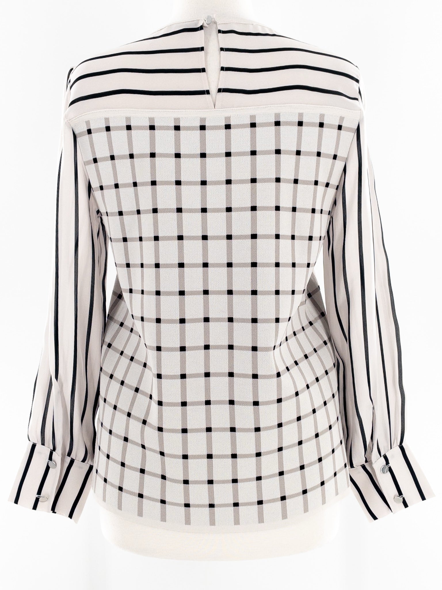 Per Se Taupe Black Checkered Viscose Blend Long Sleeve Size M Blouse