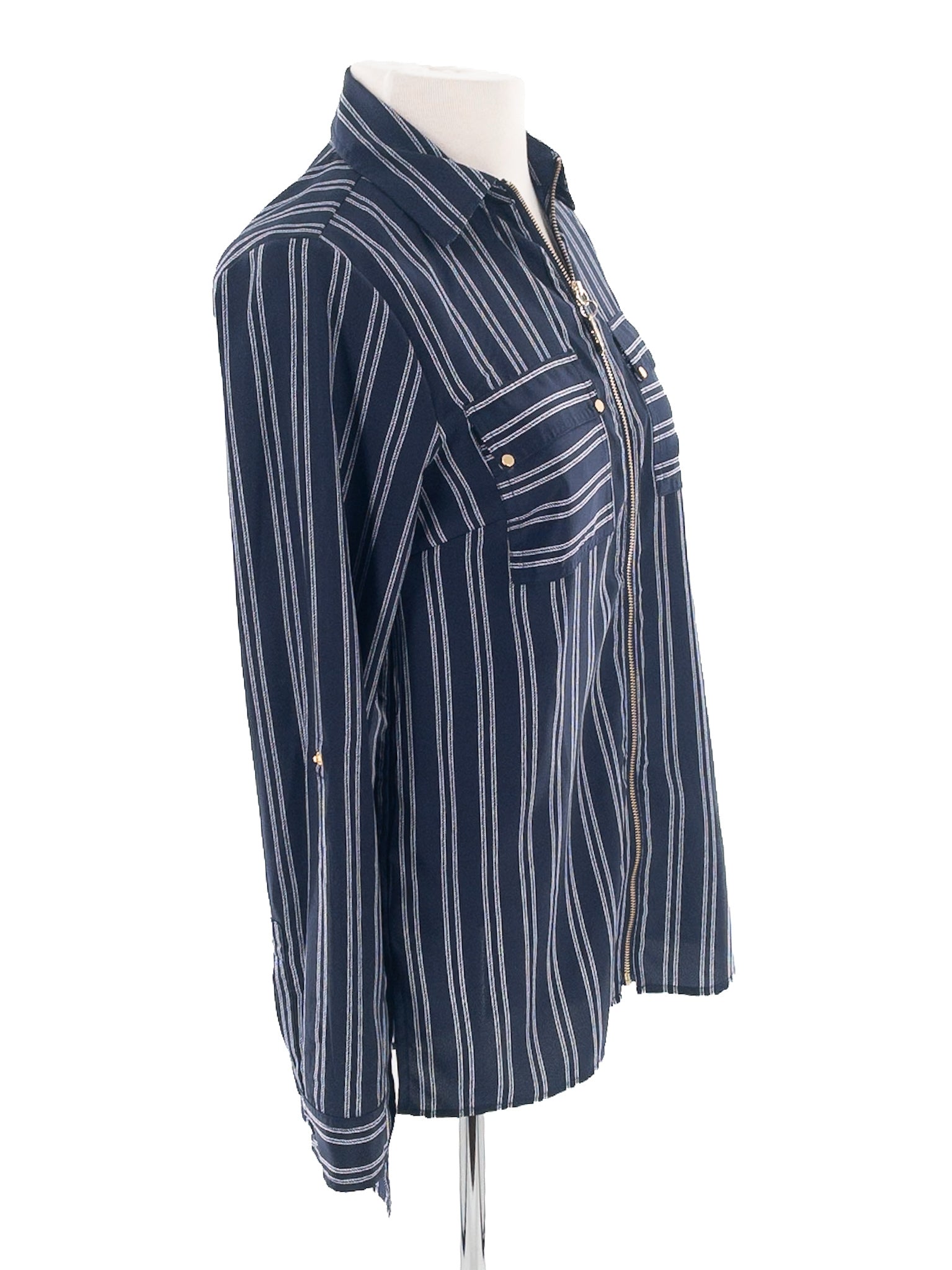 Michael Kors Navy White Stripe Polyester Long Sleeve Size XS Blouse