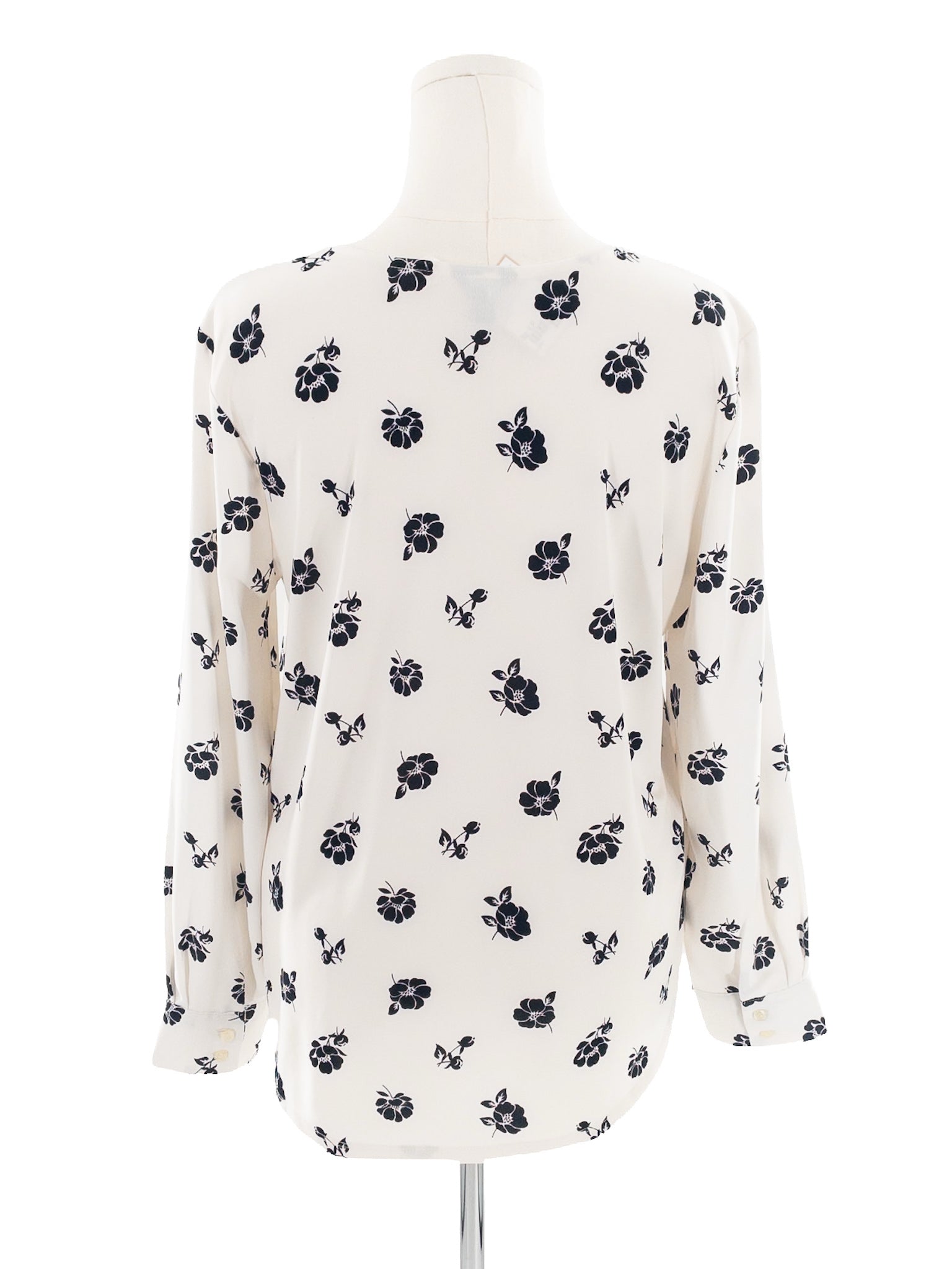 Ann Taylor White Navy Floral Polyester Long Sleeve Size LP Blouse