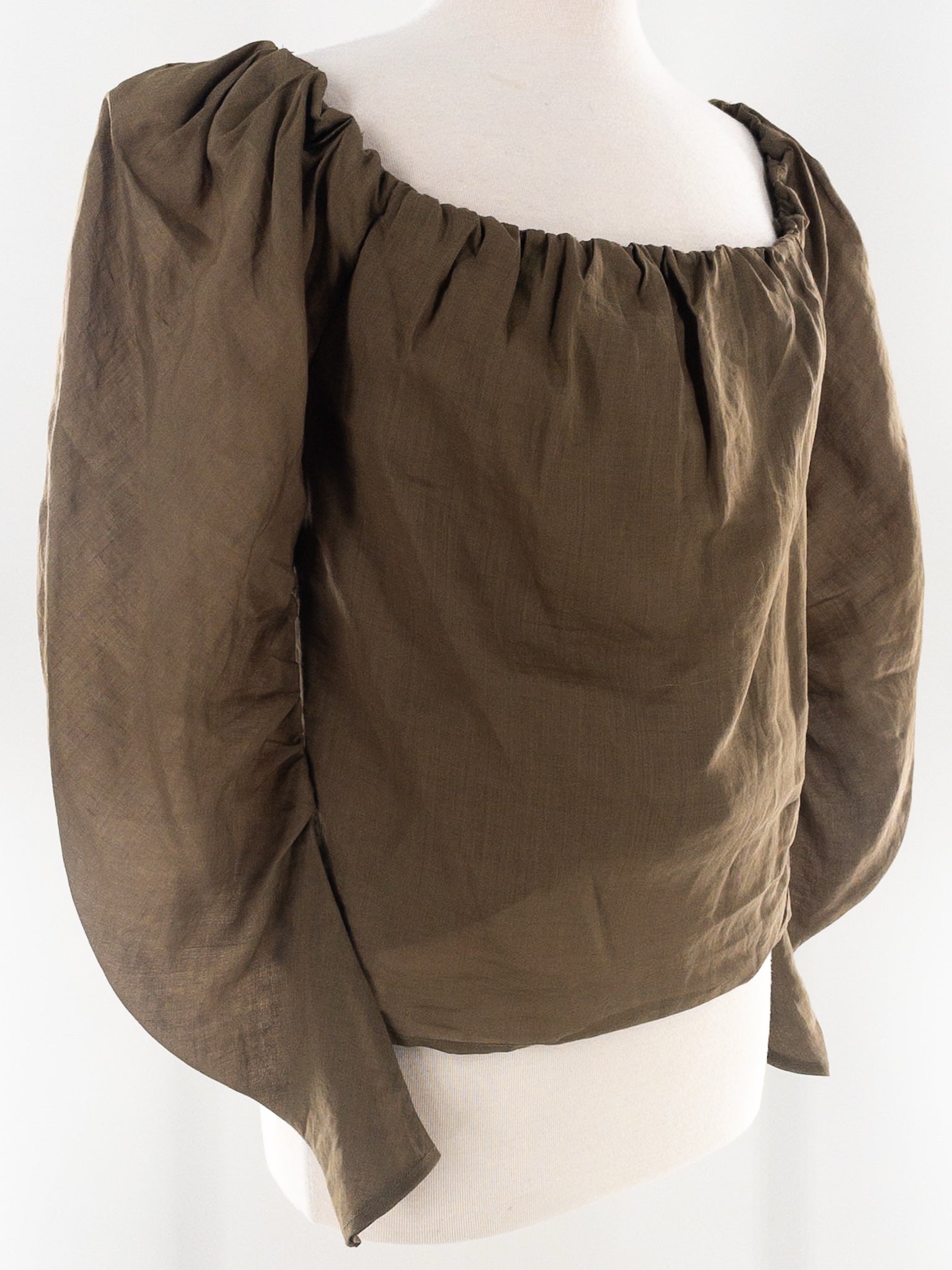 Frame Olive Scoop Neck Linen Ruched Sleeve Size XS Blouse