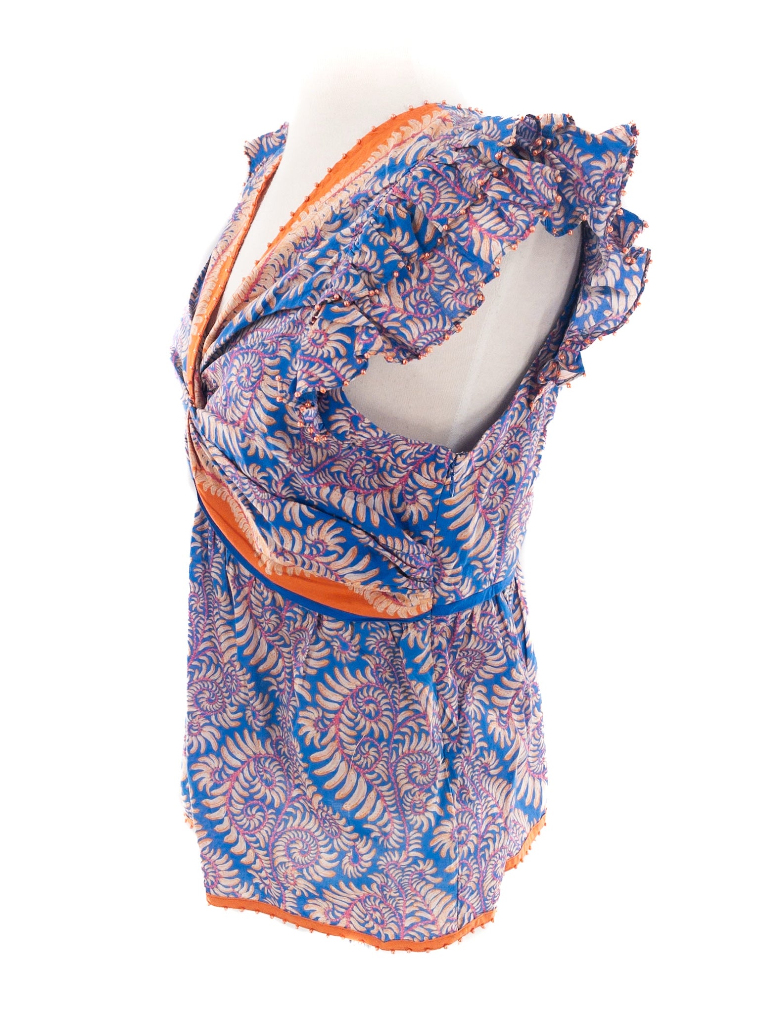 Farm Rio Orange Blue Print Cotton Flutter Sleeve Size M Blouse