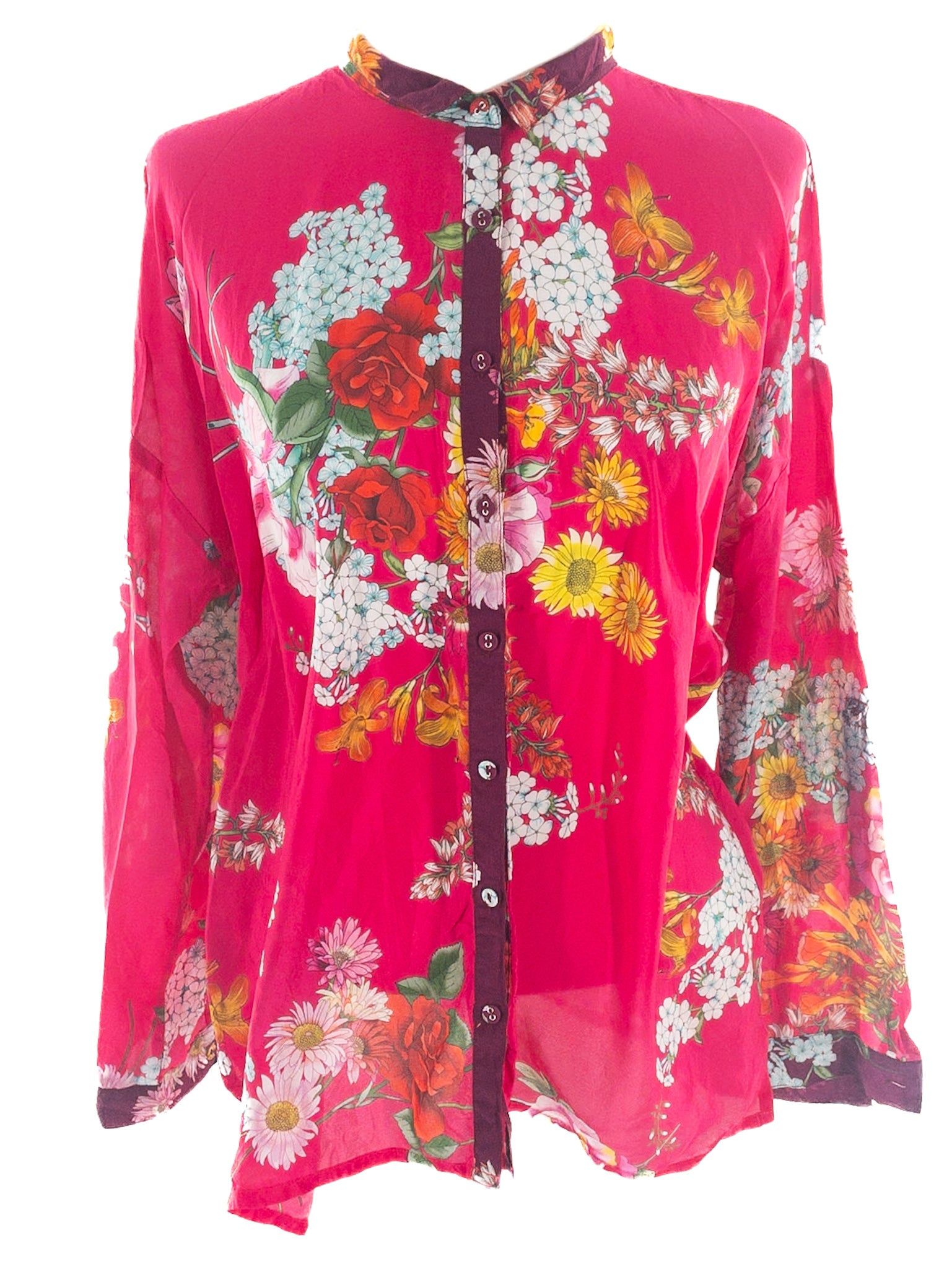 Johnny Was Fuschia Floral Silk Button Down Size XS Blouse