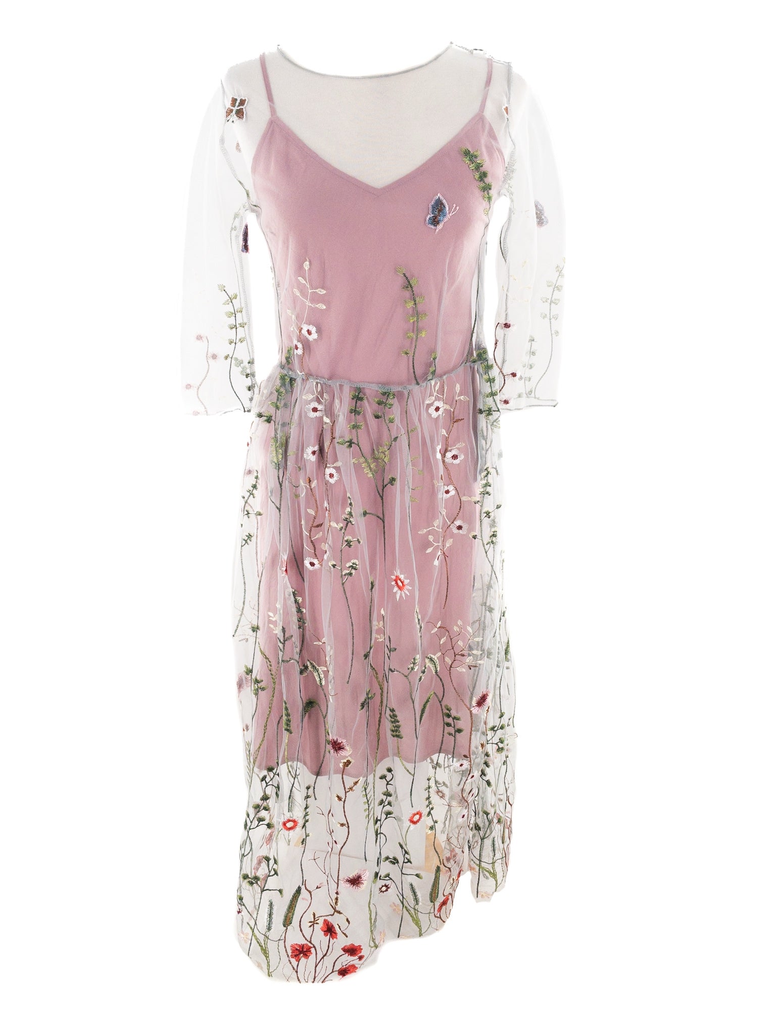 Lilac Multi Embroidered Sheer Long Sleeve Size S Dress