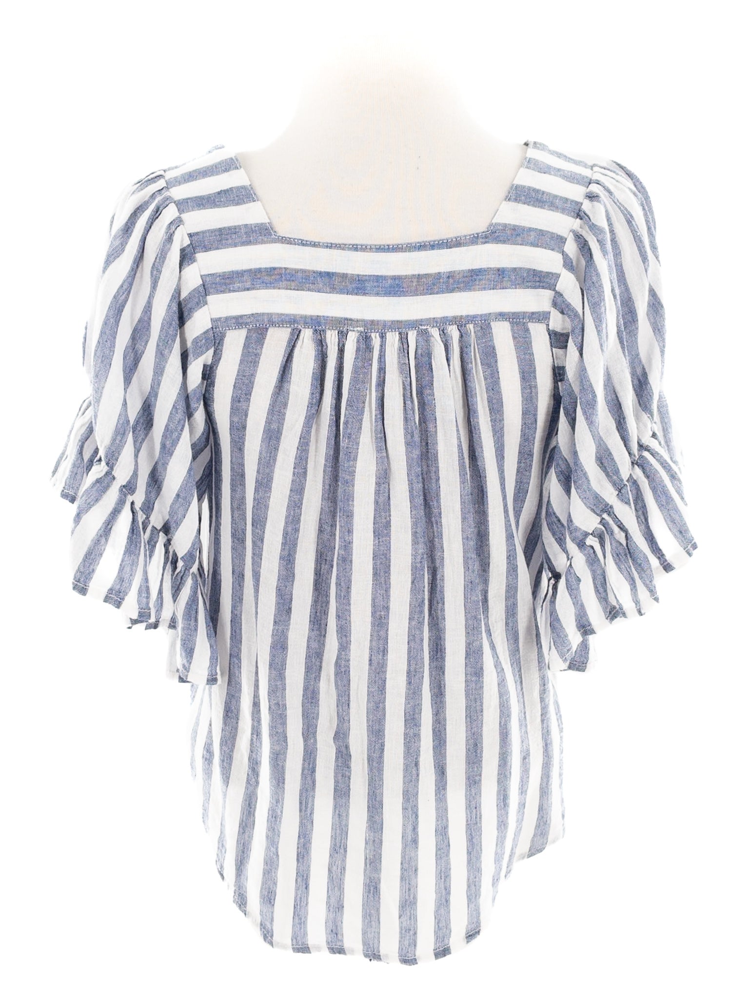 Beach Lunch Lounge Blue White Stripe Linen Blend Bell Sleeve Size XS Blouse