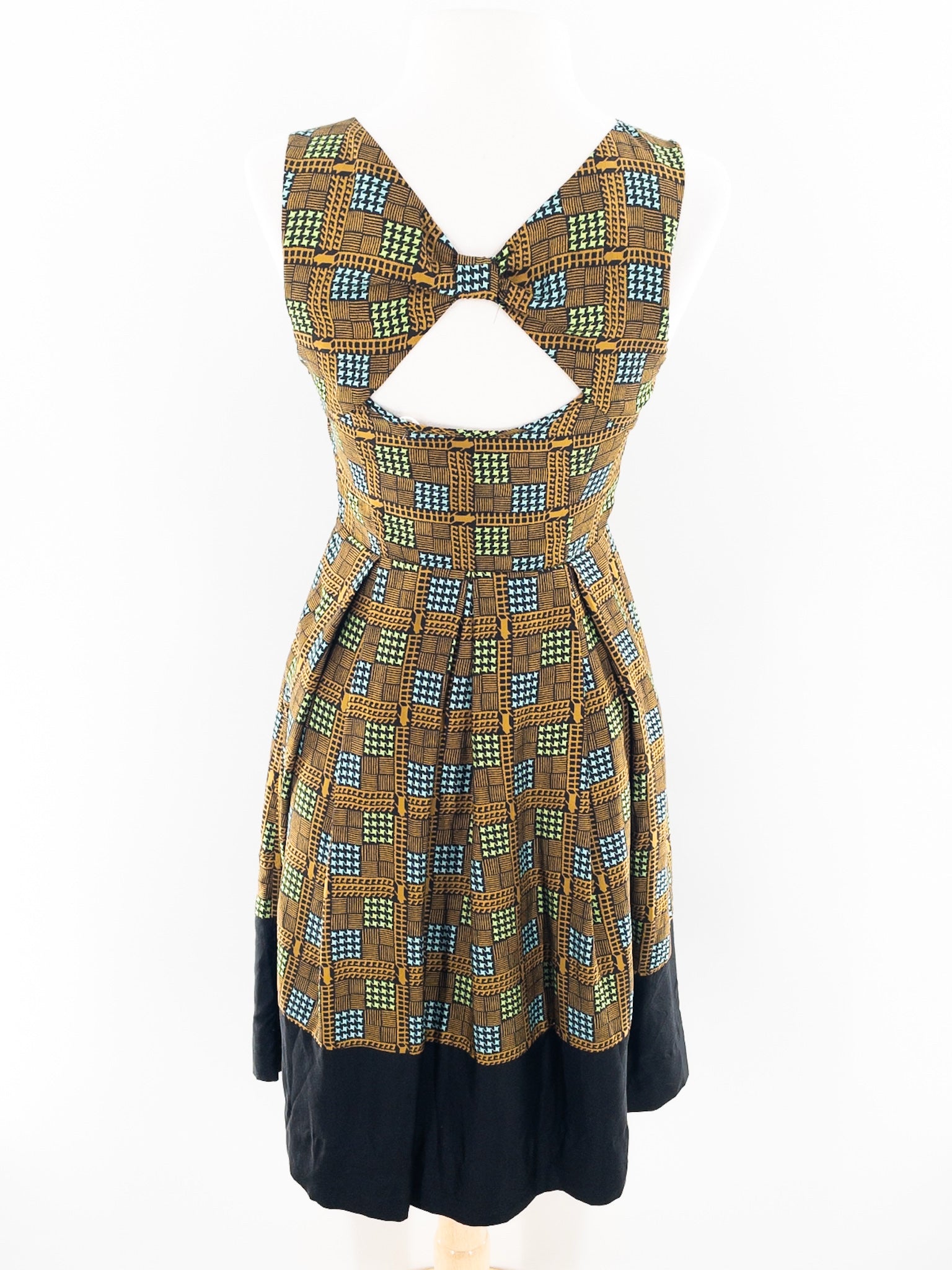 The Girls From Savoy Ochre Black Print Silk Sleeveless Size 2P Dress
