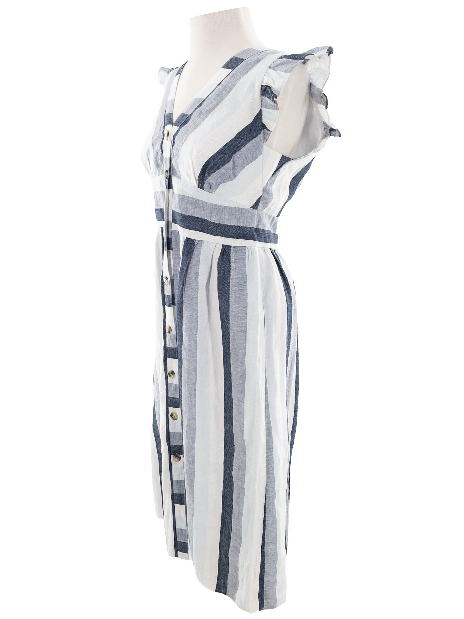 Point Sur White Blue Stripe Linen Flutter Sleeve Size S Dress