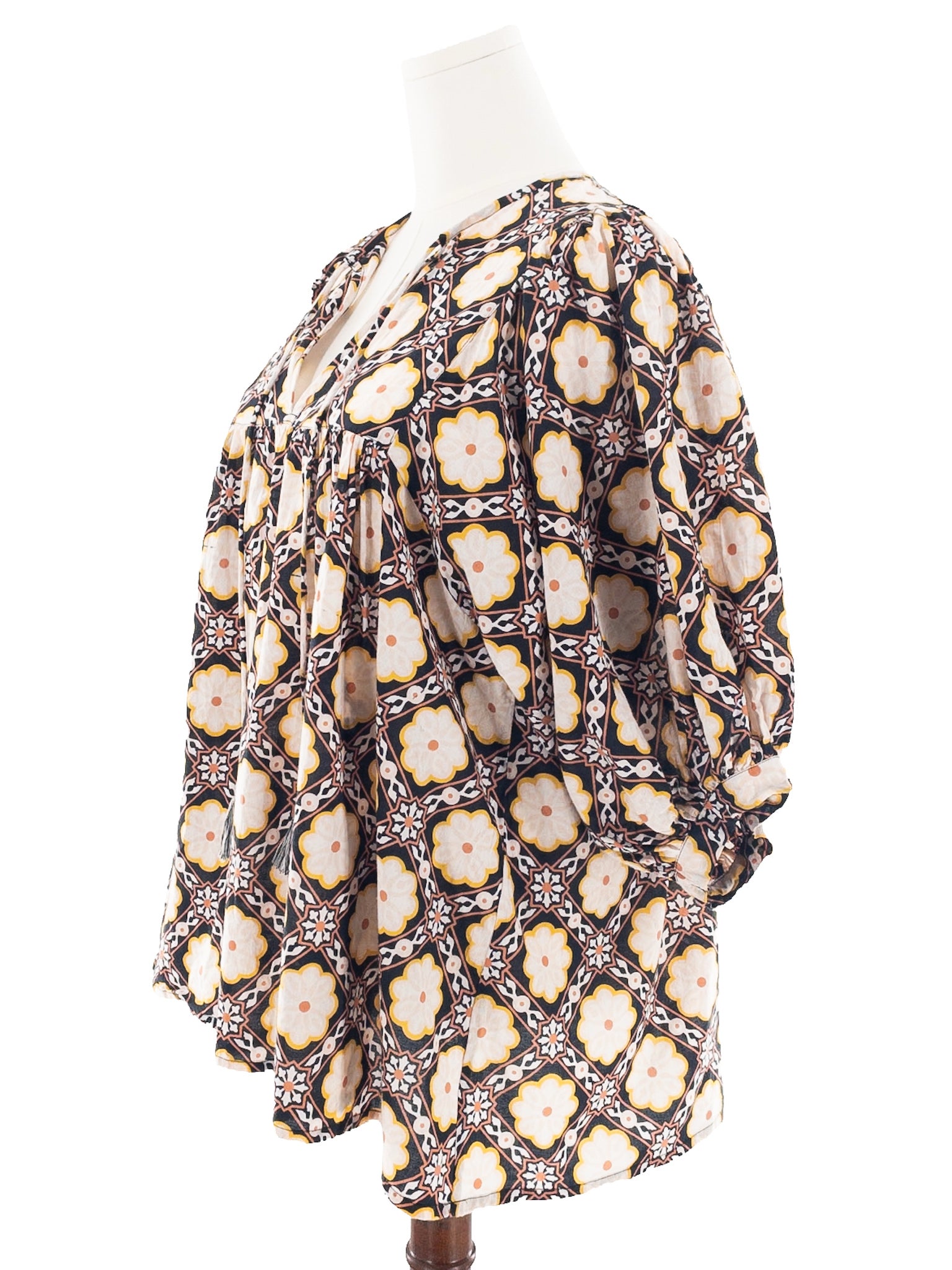 Mille Black Yellow Print Cotton Puff Sleeve Size L Blouse
