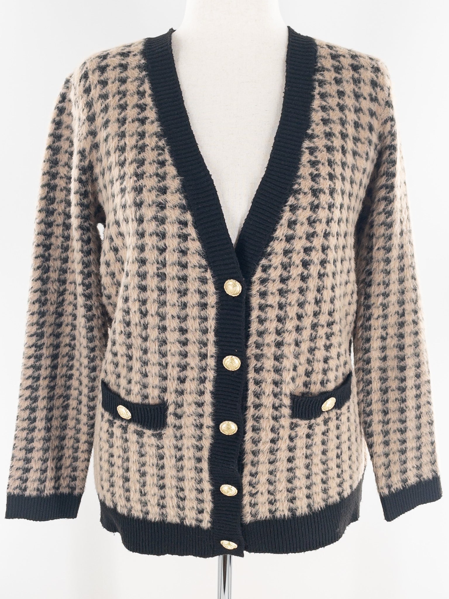 Tahari Camel Black Houndstooth Polyester Size M Cardigan