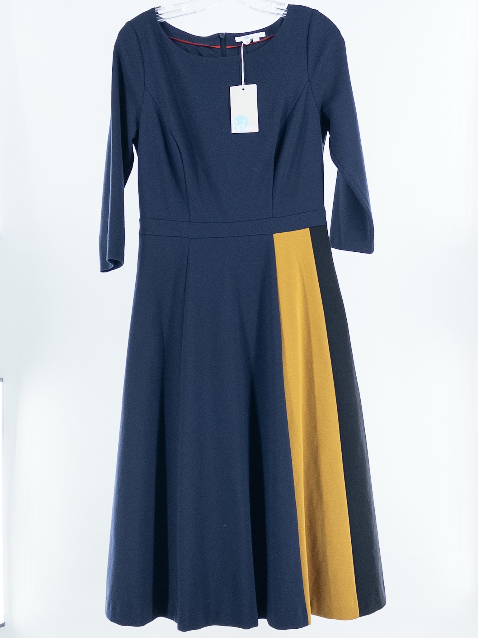 Boden Navy Gold Color Block Cotton Blend 3/4 Sleeve Size 8 Dress