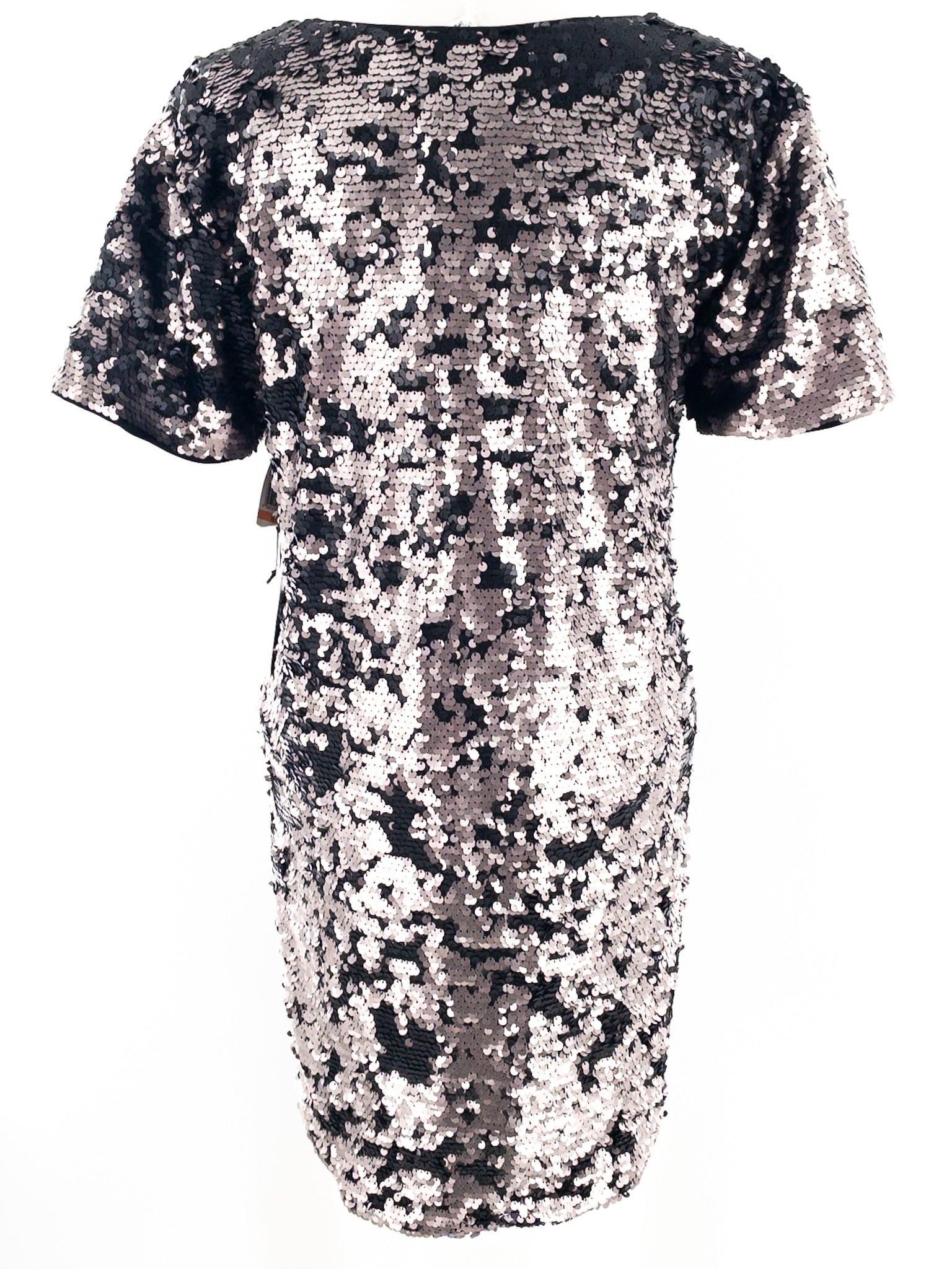 1 State Black Metallic Sequin Polyester Blend Short Sleeve Size S Dress