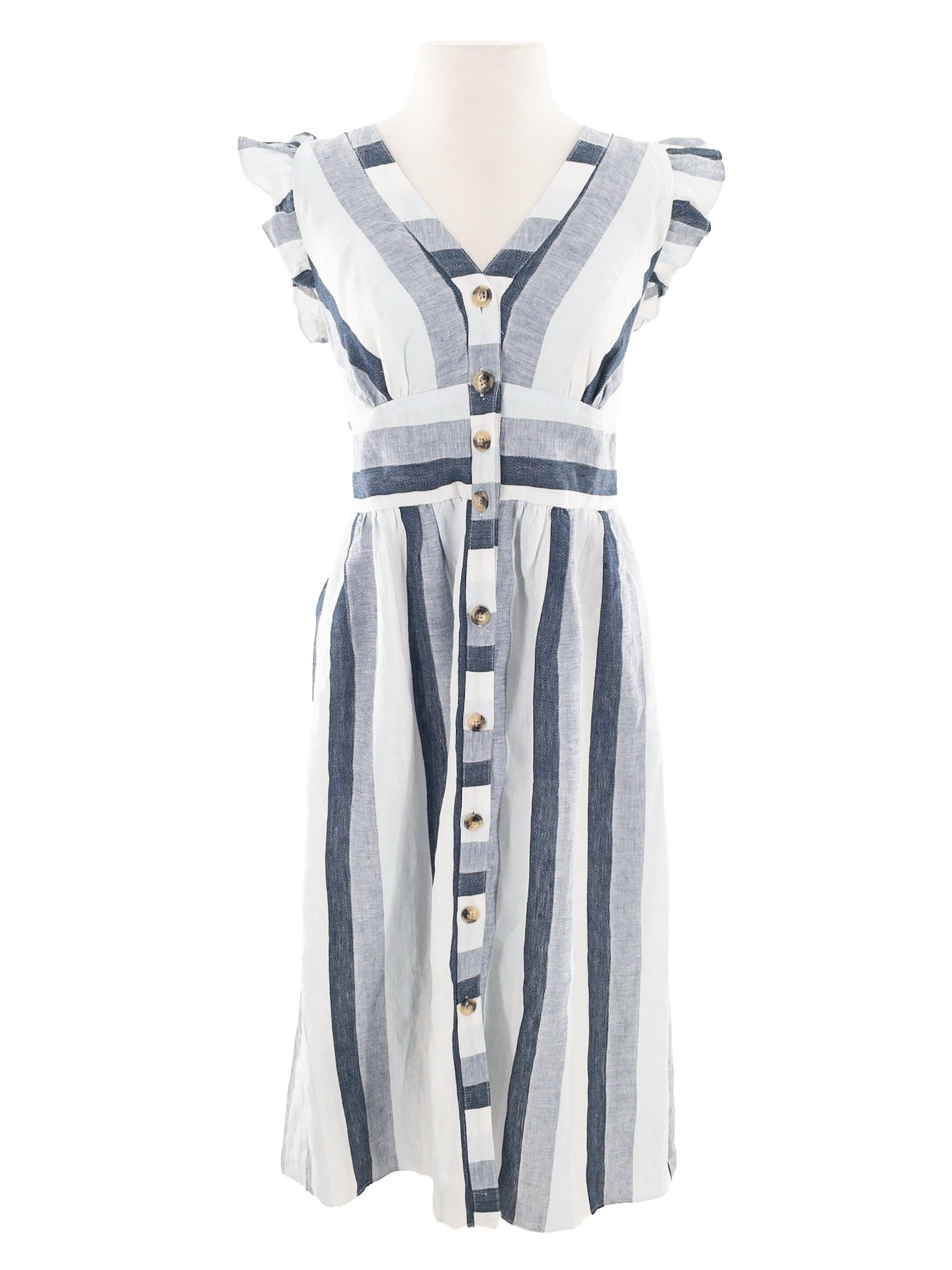 Point Sur White Blue Stripe Linen Flutter Sleeve Size S Dress