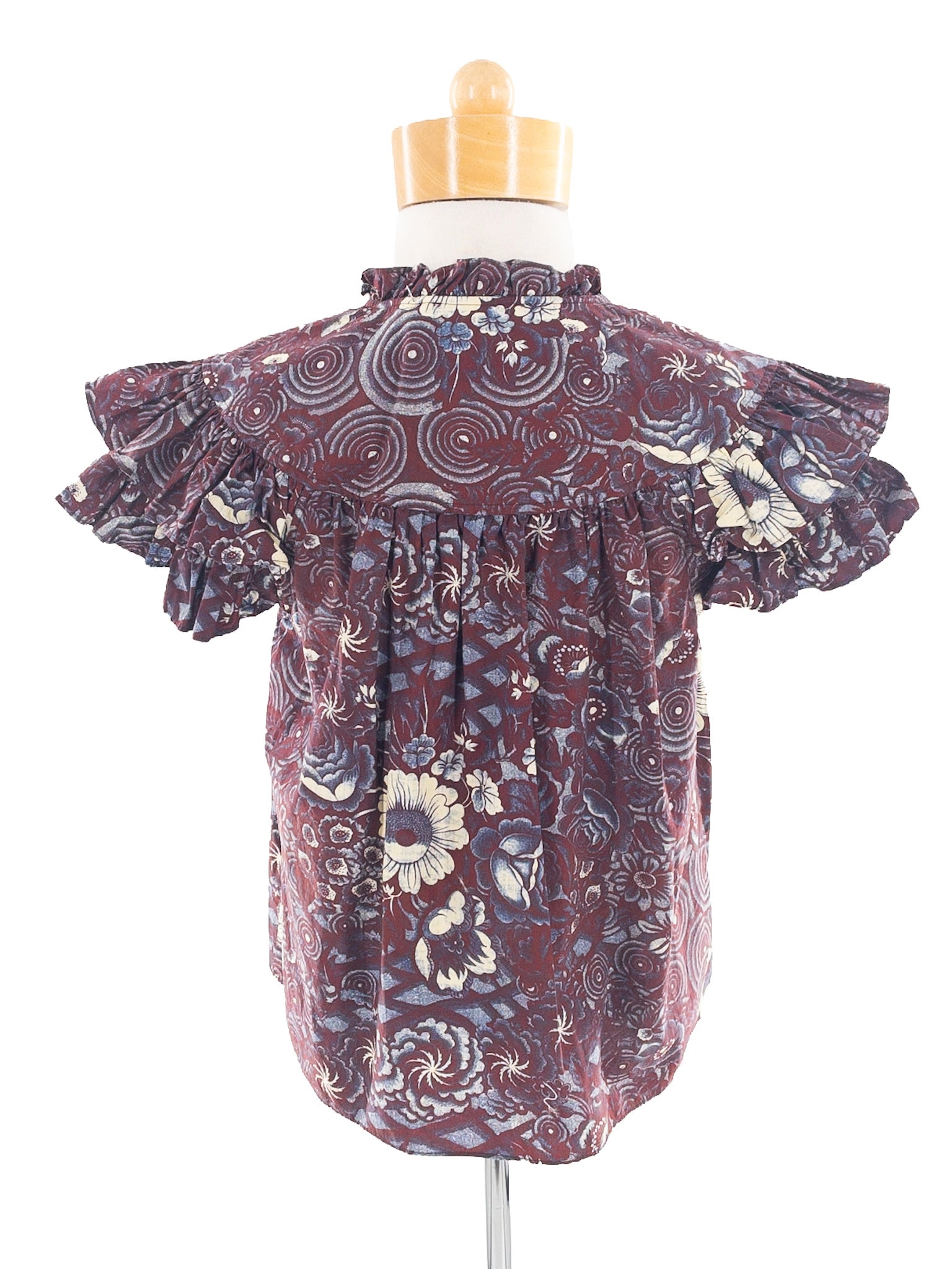 Ulla Johnson Maroon Blue Floral Cotton Ruffle Sleeve Size 4 Blouse