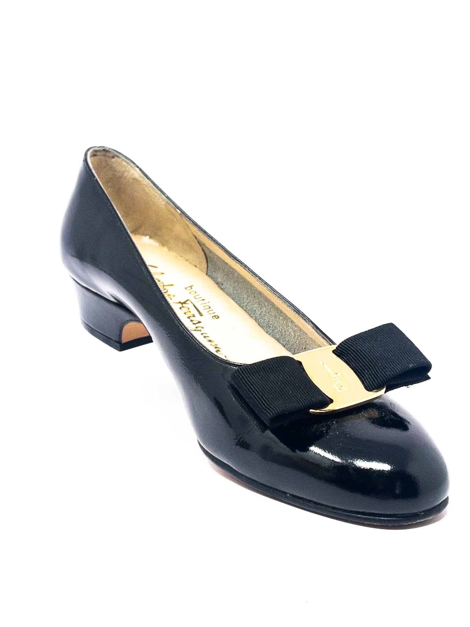Ferragamo Black Bow Patent Leather 6 Pumps