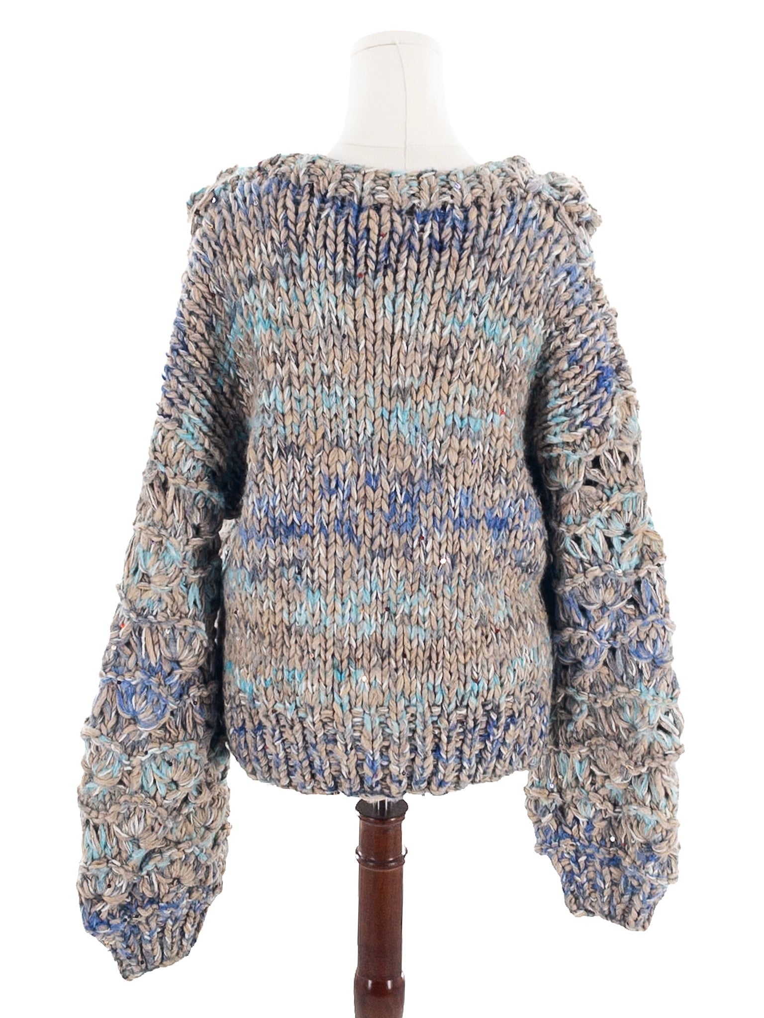Mystree Tan Blue Sequin Wool Blend Size L Cardigan