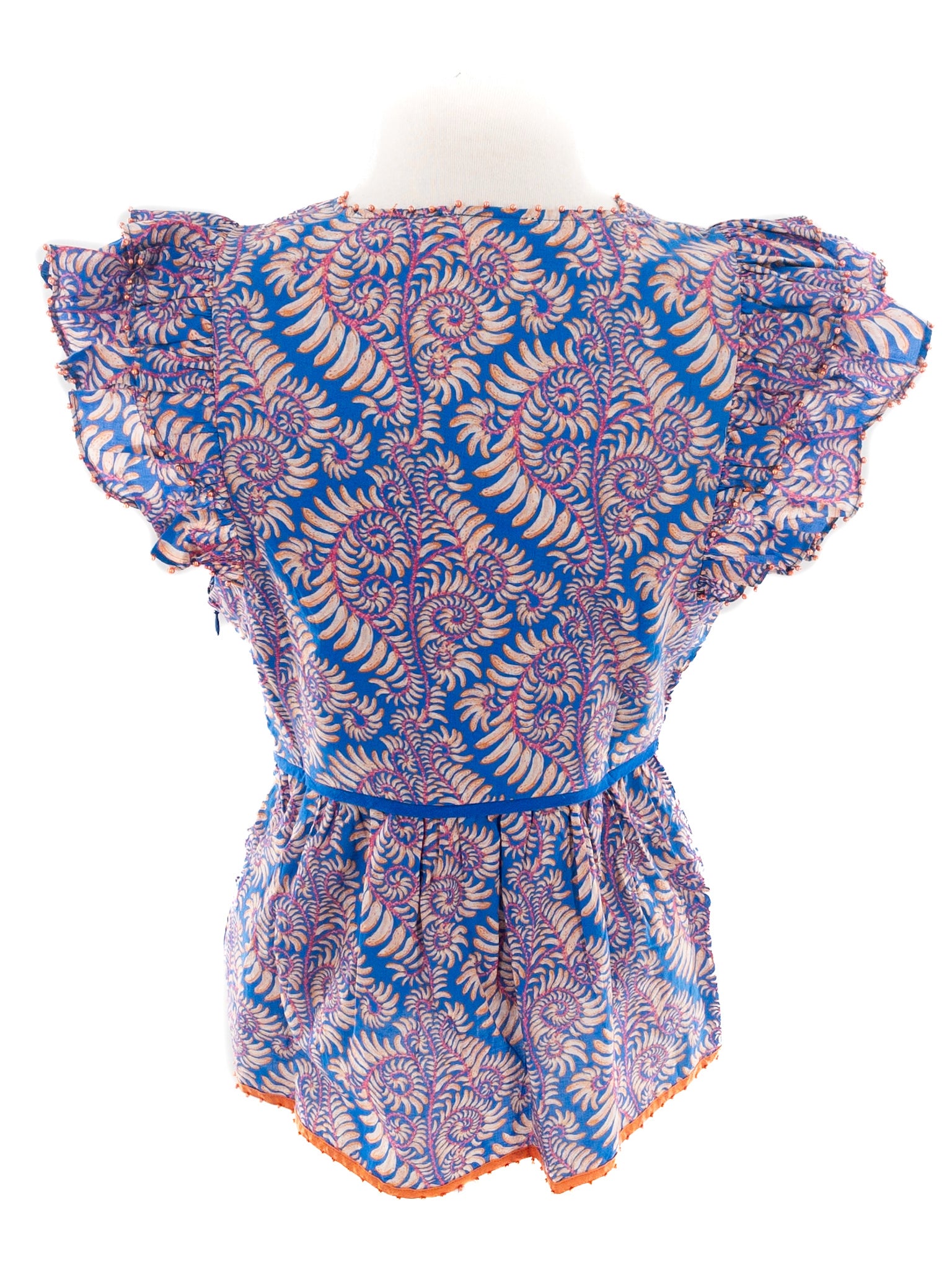 Farm Rio Orange Blue Print Cotton Flutter Sleeve Size M Blouse