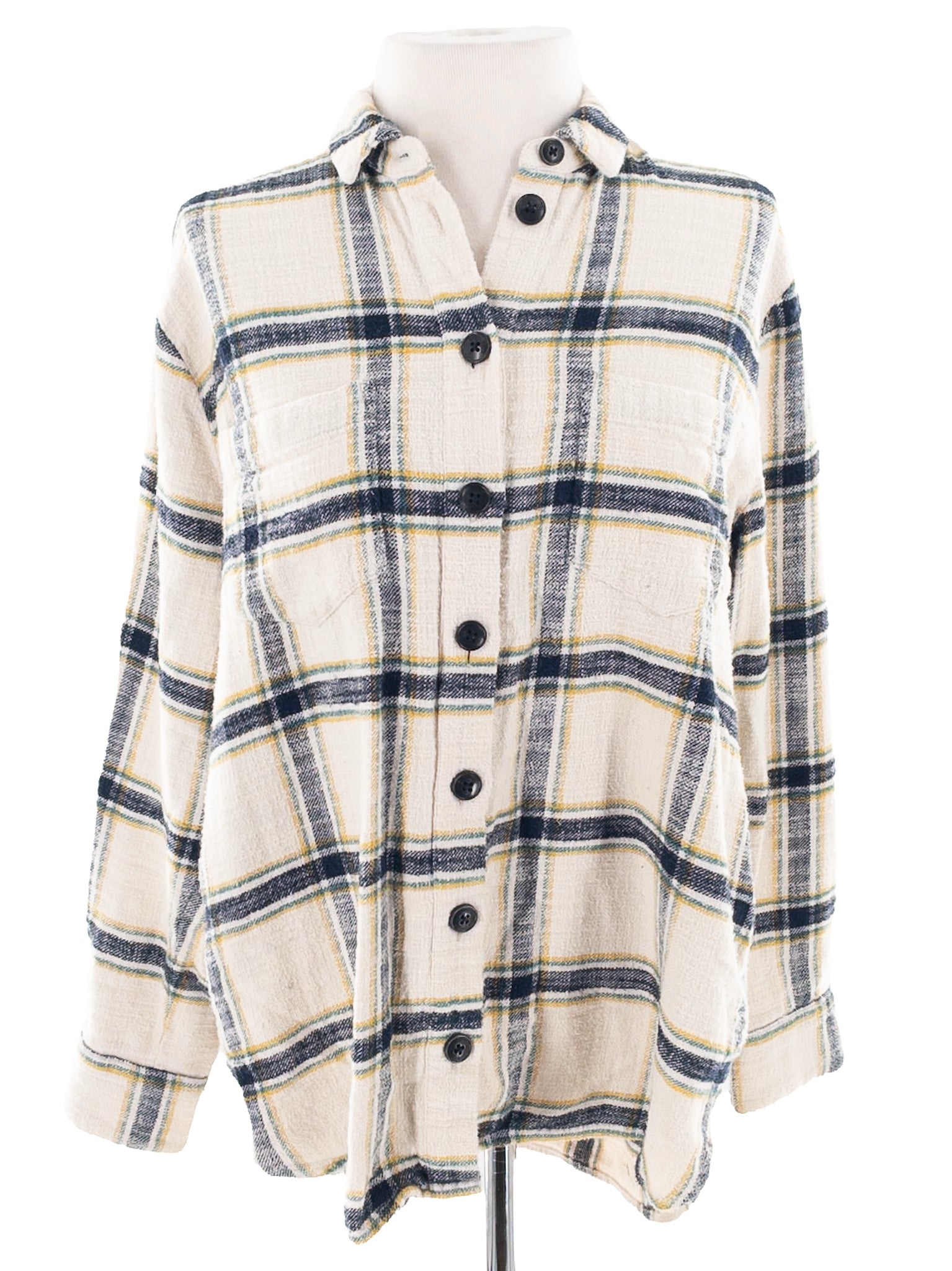 Madewell Cream Navy Plaid Flannel Button Down Size S Blouse