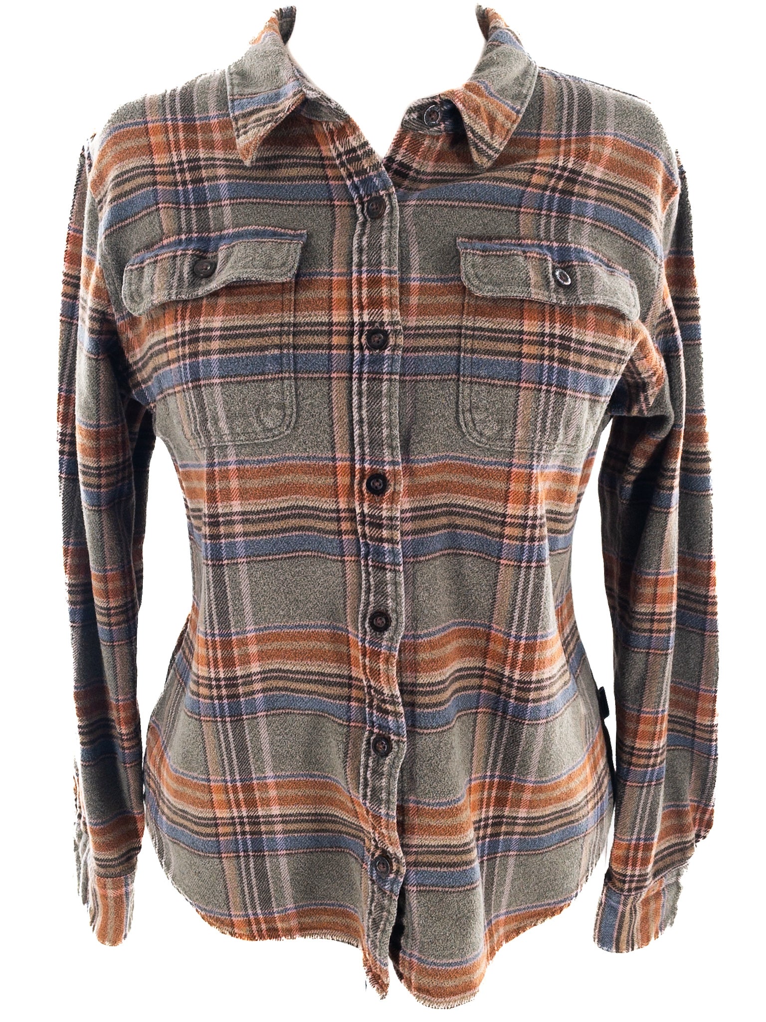 Patagonia Green Tan Plaid Flannel Button Down Size L Blouse