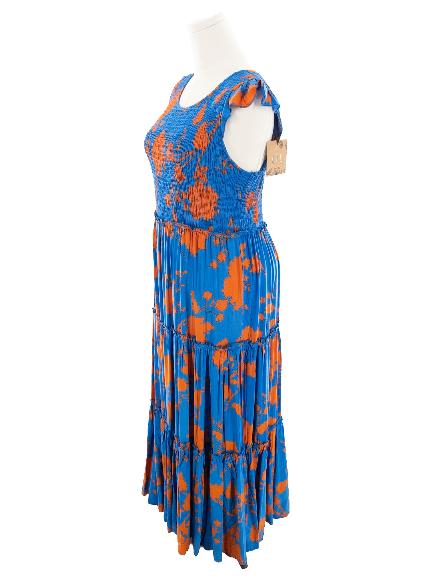 Able the Label Blue Orange Floral Rayon Cap Sleeve Size L Maxi