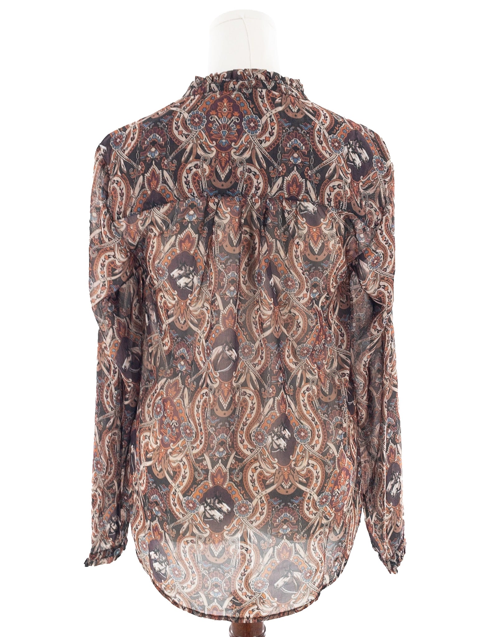 Tasha Pollizzi Brown Blue Print Polyester Long Sleeve Size M Blouse
