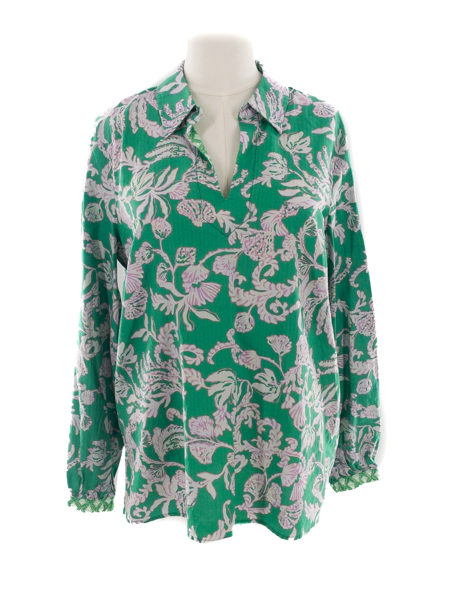Lilly Pulitzer Green Pink Print Cotton Blend Long Sleeve Size L Blouse