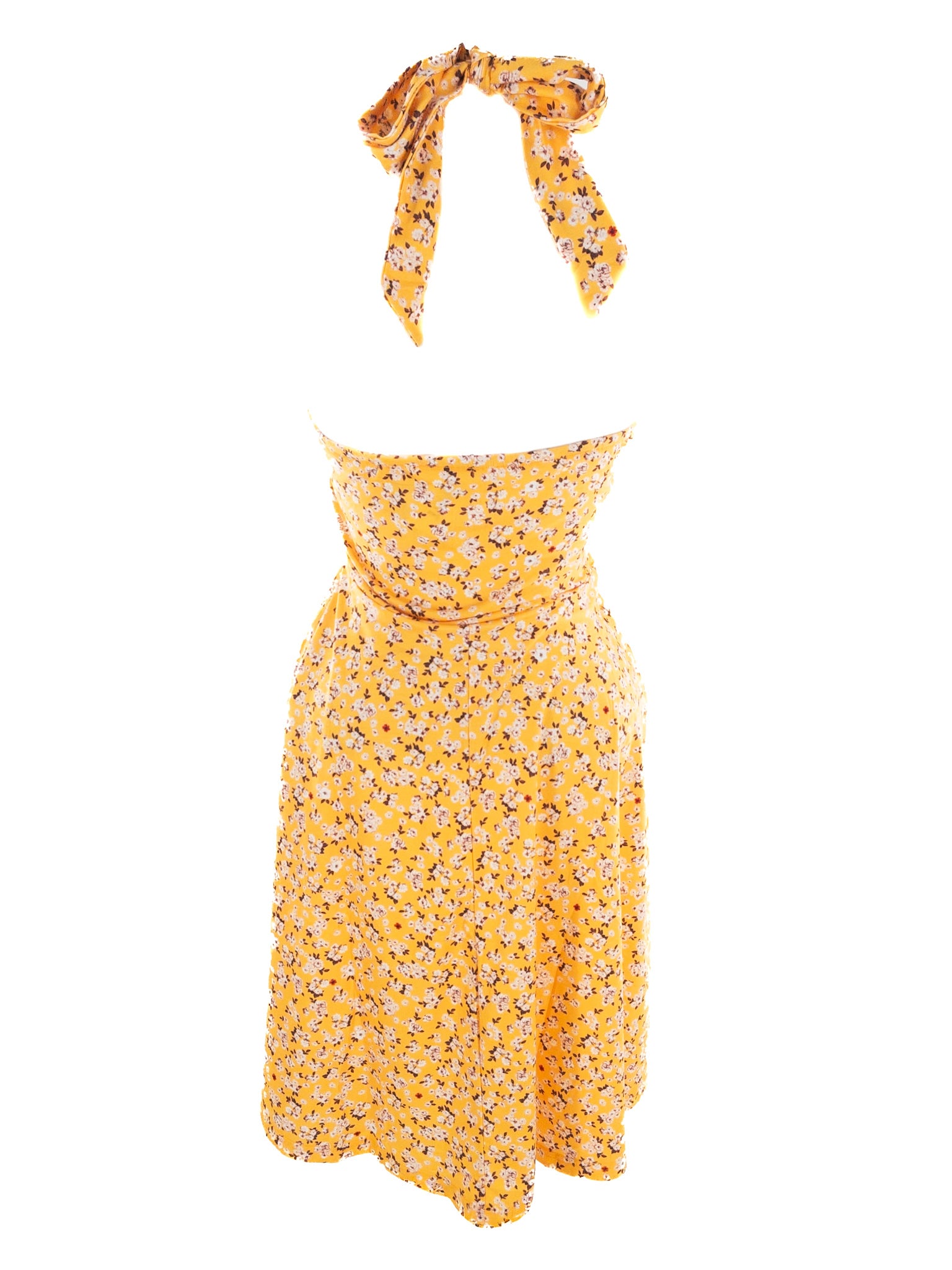 Huhot Yellow Maroon Floral Polyester Blend Halter Size S Dress