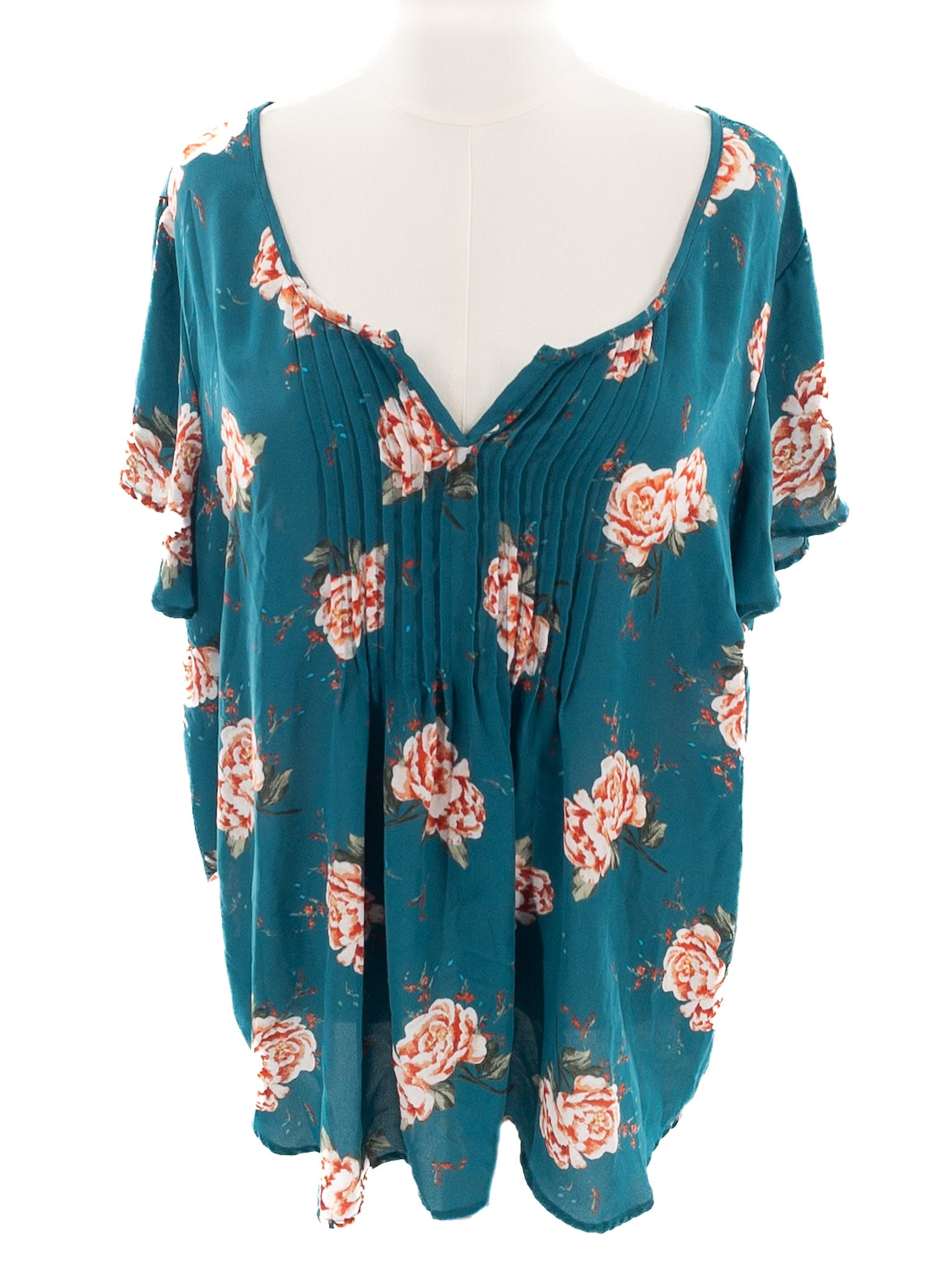 Torrid Teal Multi Floral Polyester Flutter Sleeve Size XL Blouse