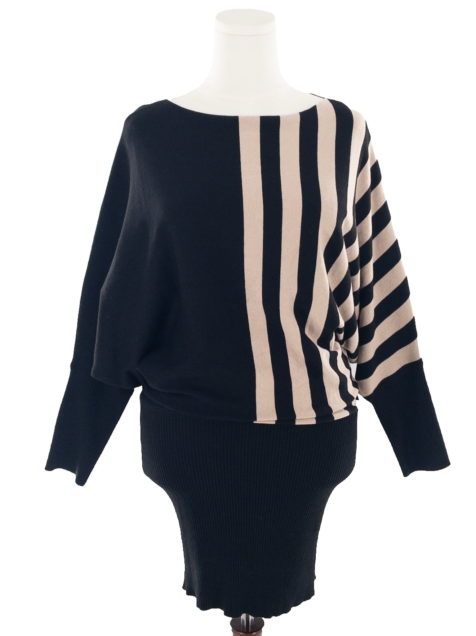 Papillon Black Ecru Stripe Viscose Blend Bat Sleeve Size L Dress