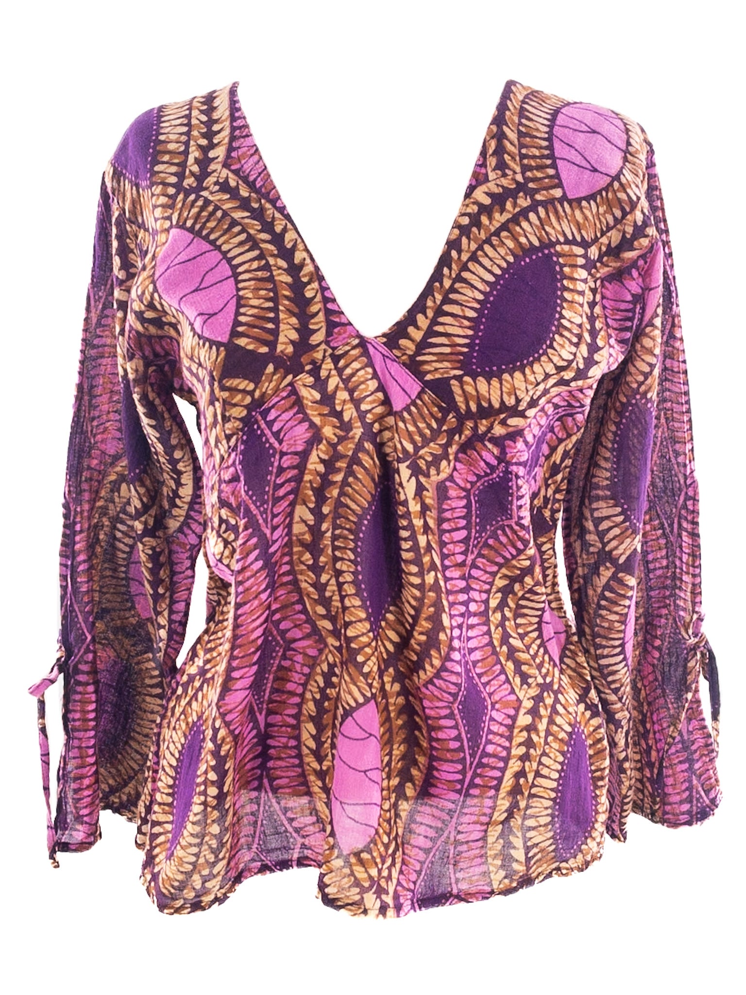 Purple Brown Print Cotton Long Sleeve Size S Blouse