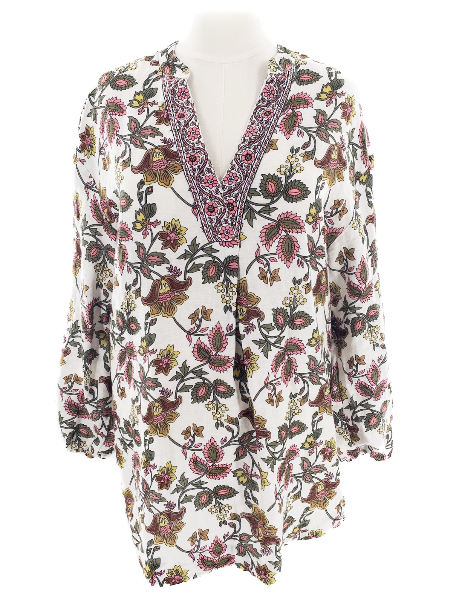 Boden White Green Floral Linen Puff Sleeve Size 10 Blouse