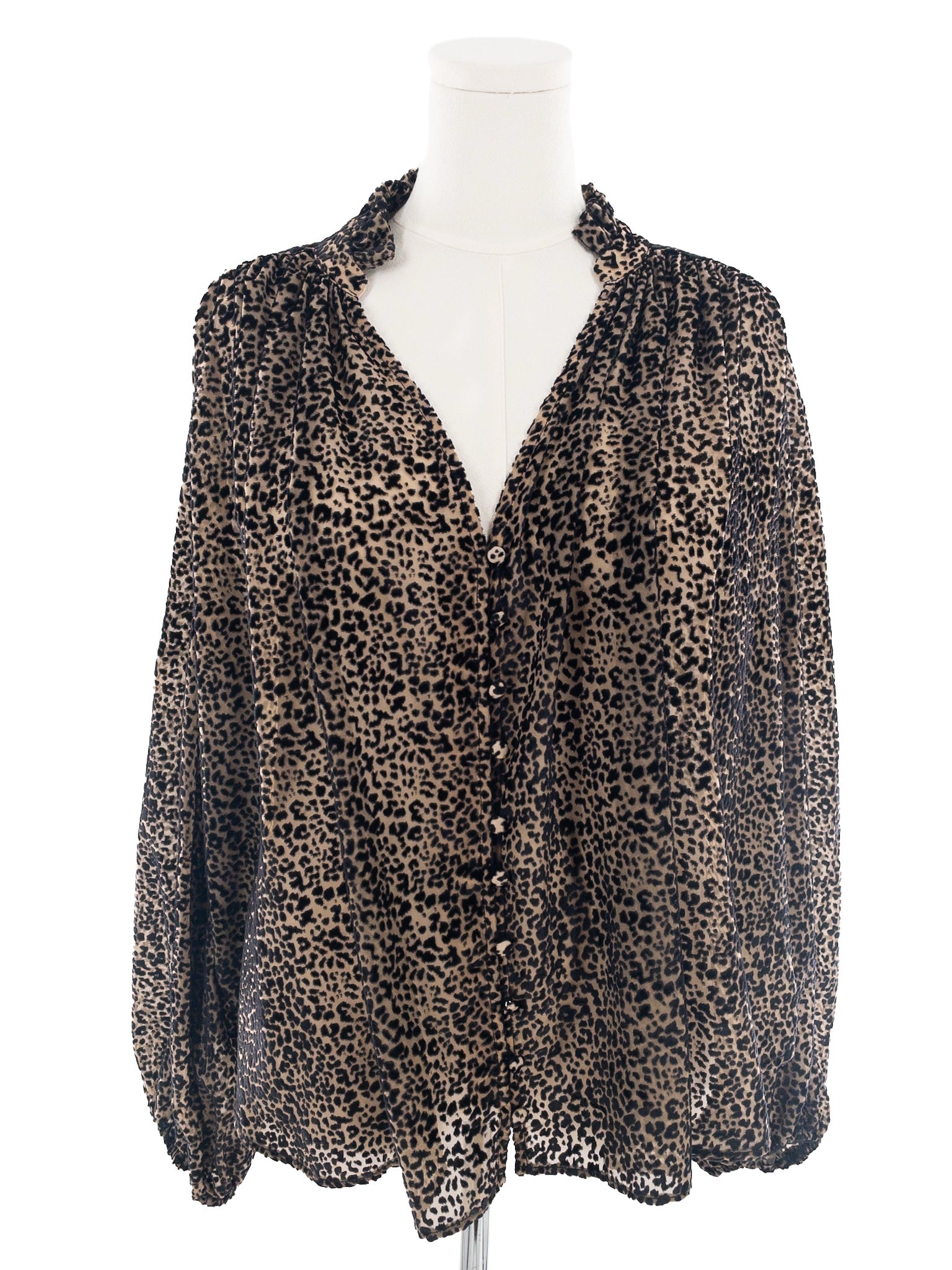 Anthropologie Black Brown Animal Print Viscose Long Sleeve Size L Blouse