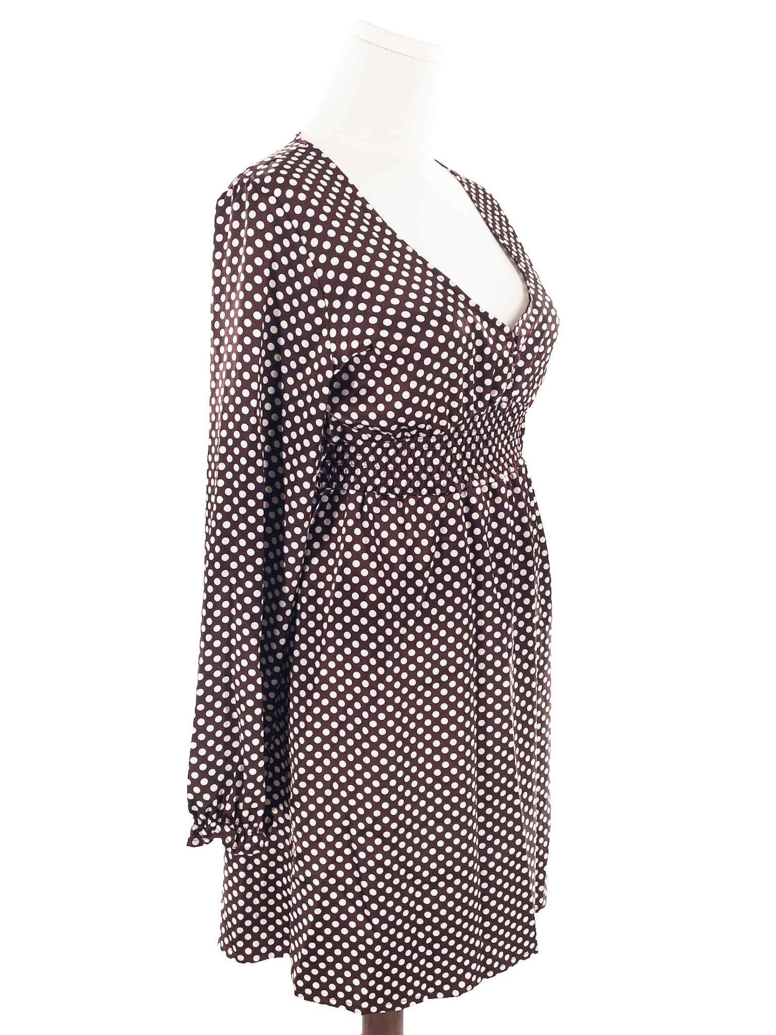 BCBG Brown Cream Polka Dot Polyester Blend Long Sleeve Size M Dress