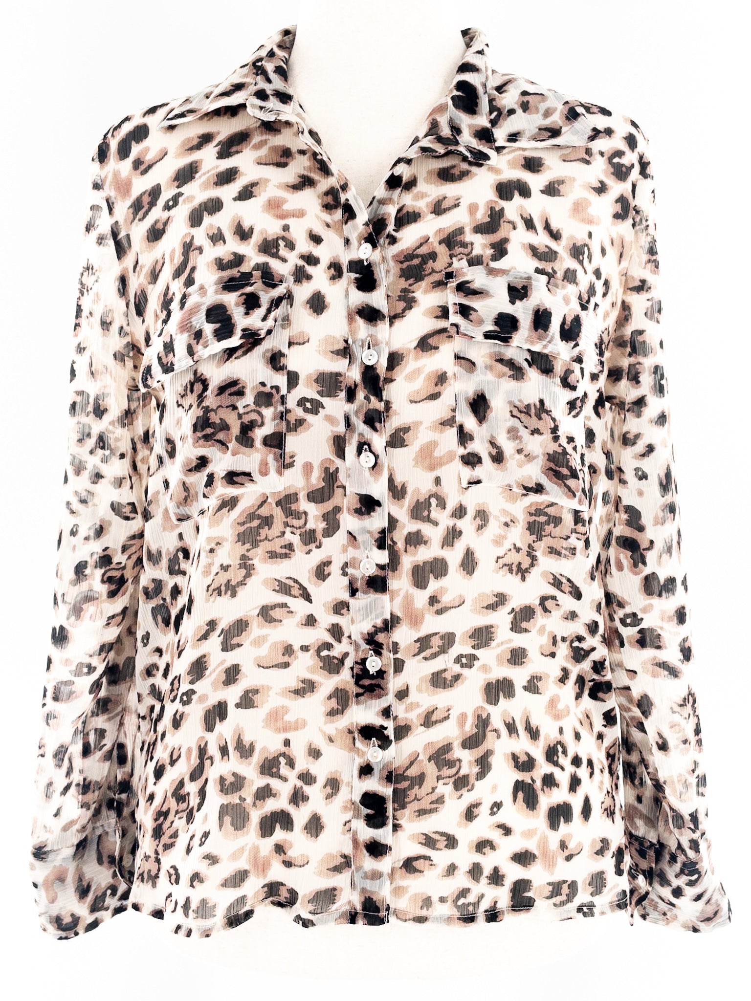 Press White Black Animal Print Sheer Button Down Size S Blouse