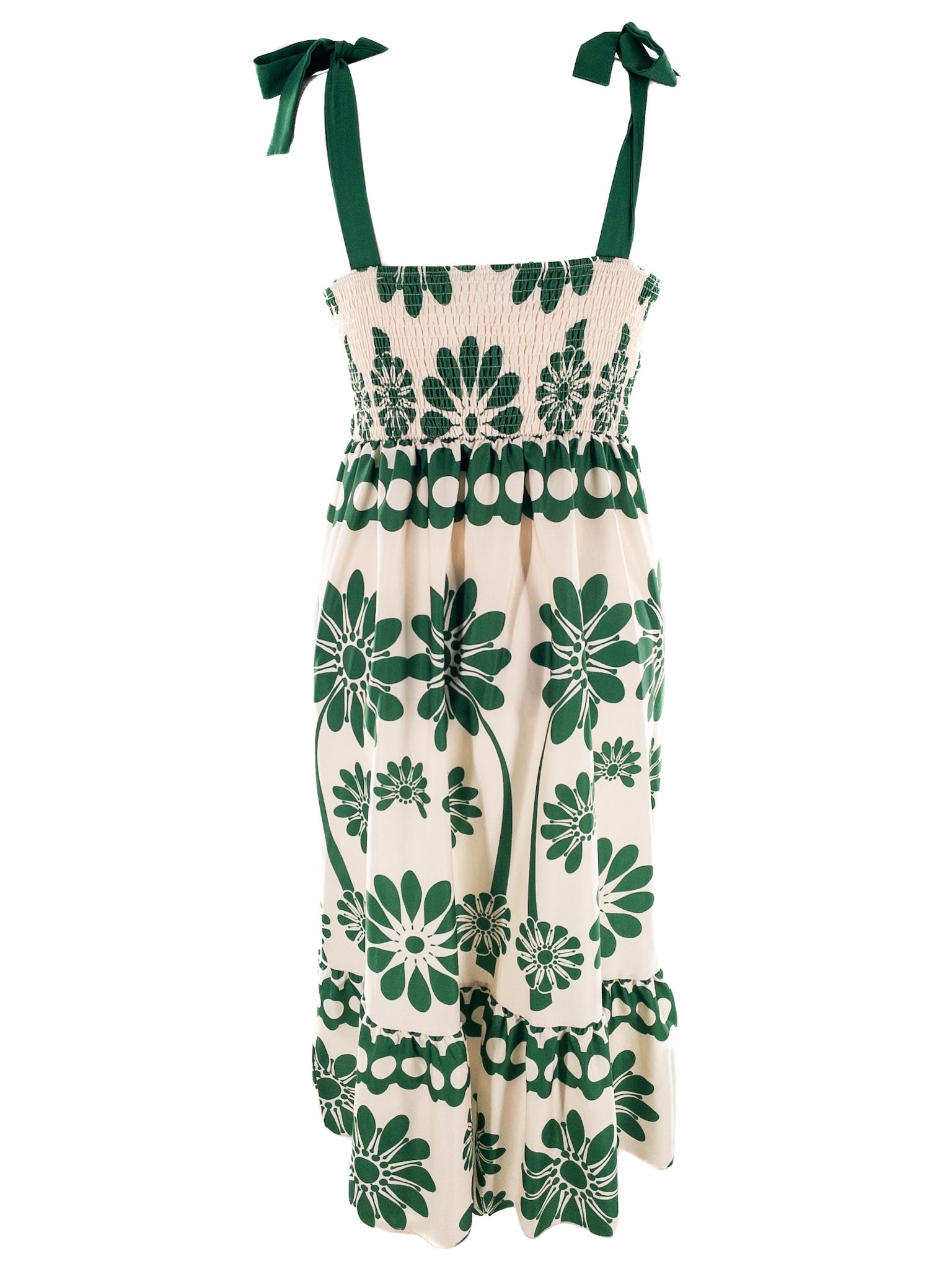 Cream Green Floral Polyester Blend Tie Shoulders Size L Maxi