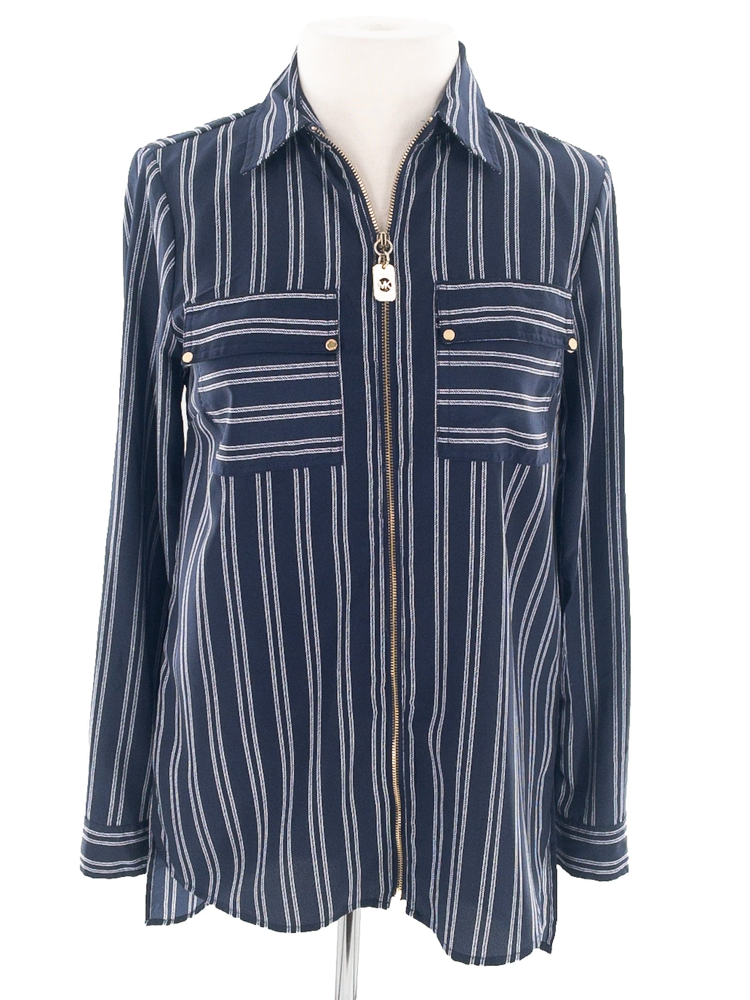 Michael Kors Navy White Stripe Polyester Long Sleeve Size XS Blouse