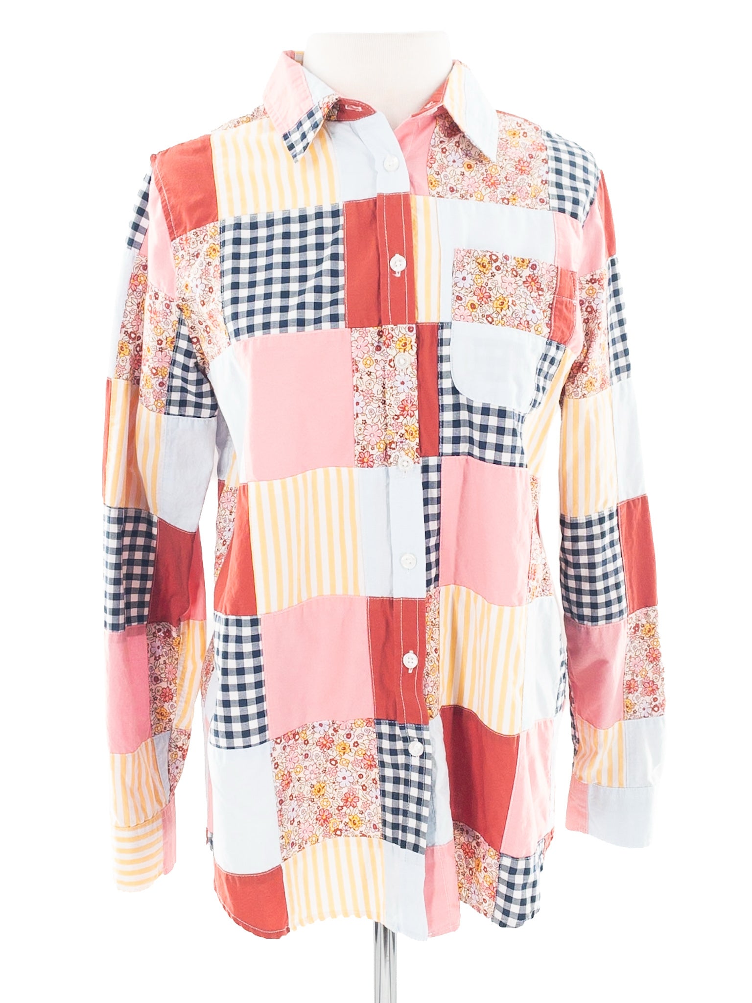 Blue Multi Patchwork Cotton Button Down Size S Blouse