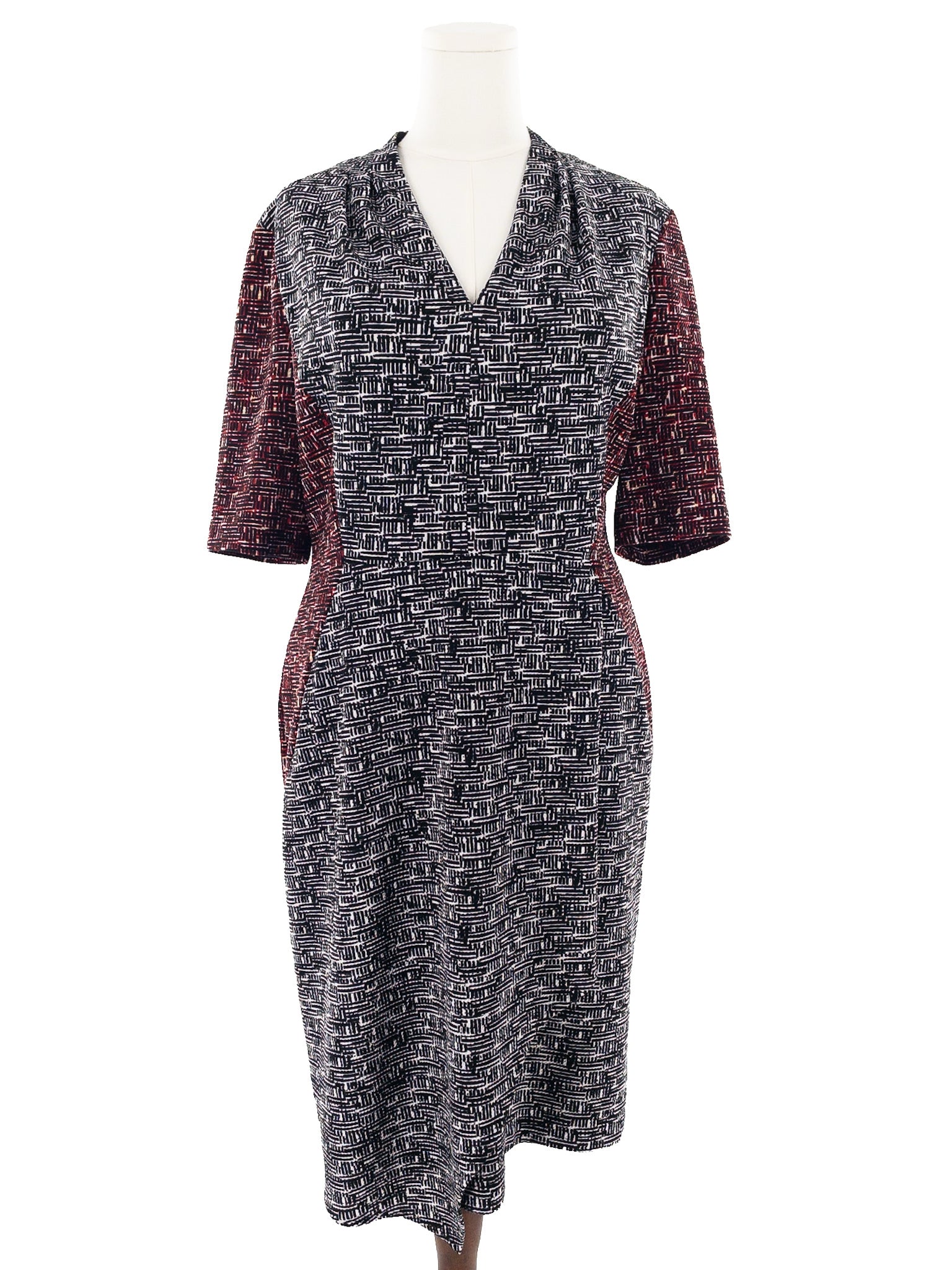 London Times Black White Geometric Polyester 3/4 Sleeve Size 16 Dress