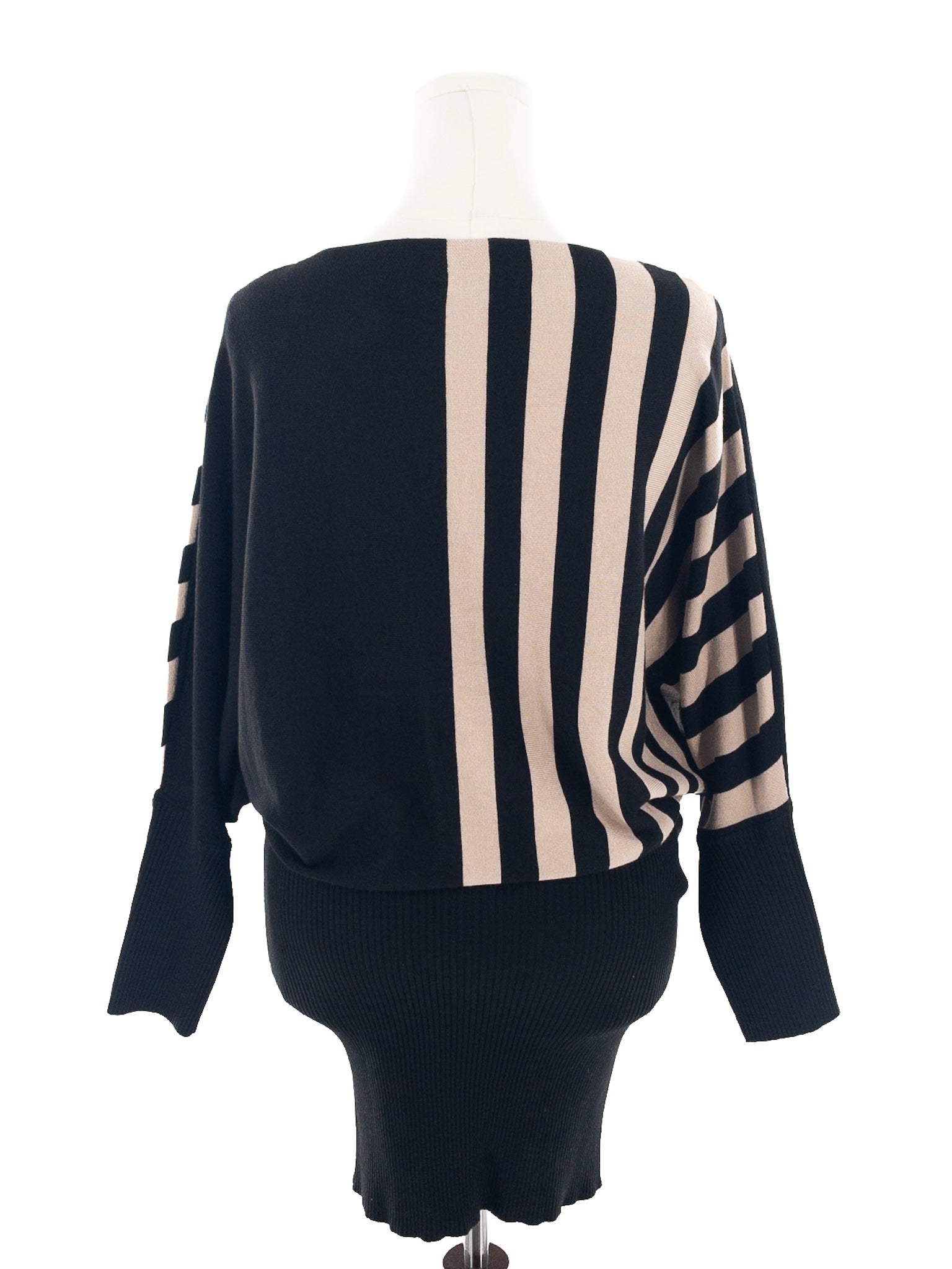 Papillon Black Ecru Stripe Viscose Blend Bat Sleeve Size L Dress