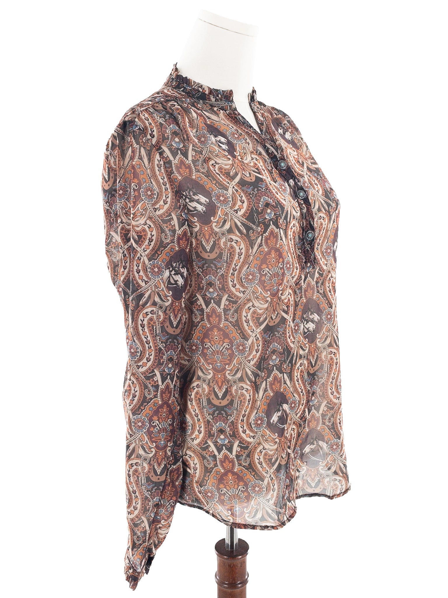 Tasha Pollizzi Brown Blue Print Polyester Long Sleeve Size M Blouse