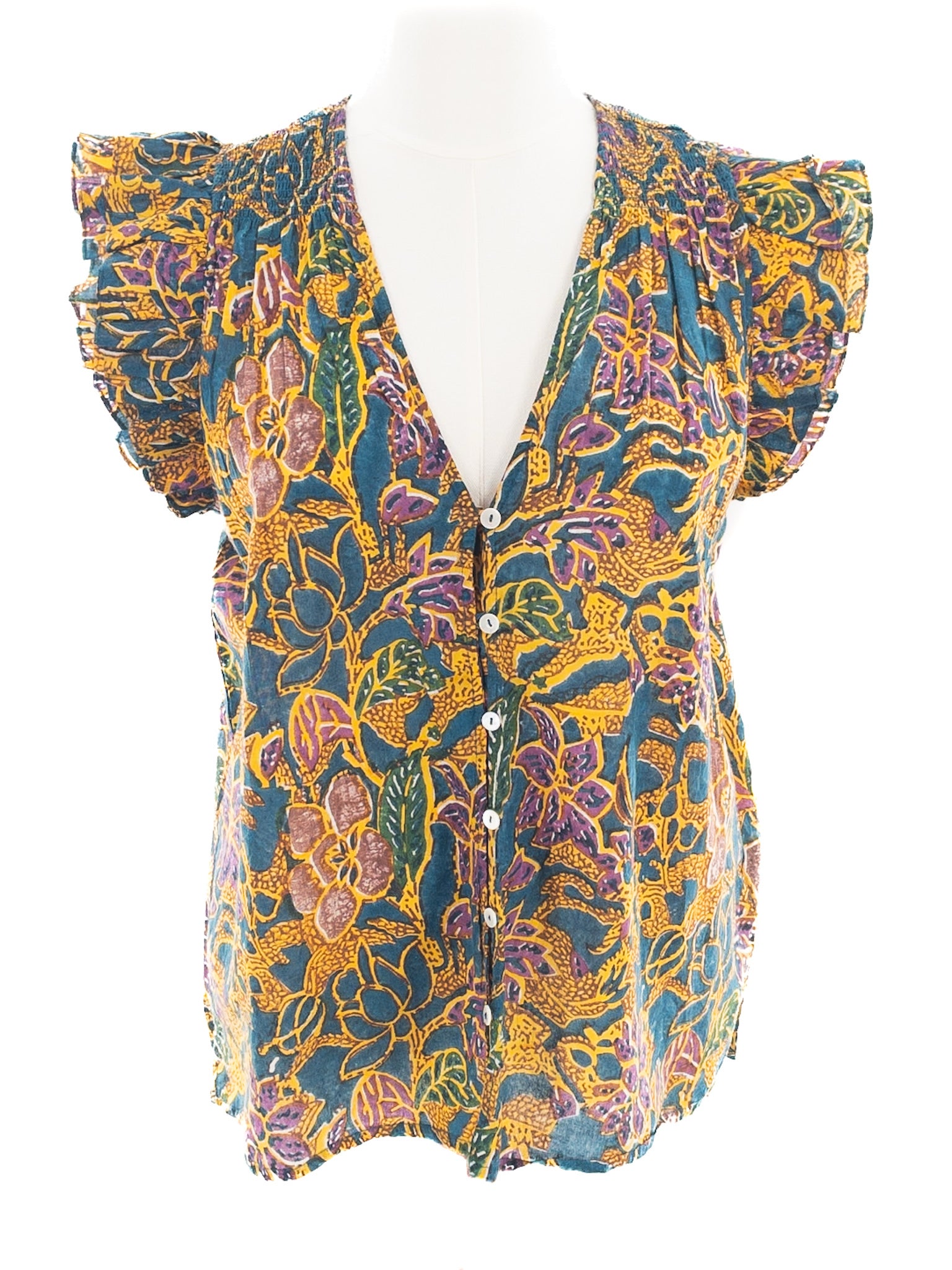 Cleobella Multi-Color Floral Cotton Flutter Sleeve Size L Blouse